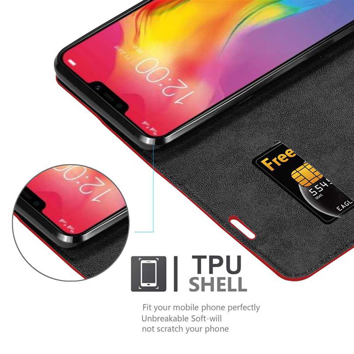 Telefono in una custodia, aperto. Include il testo: guscio in TPU. Una scheda SIM è accanto al telefono.