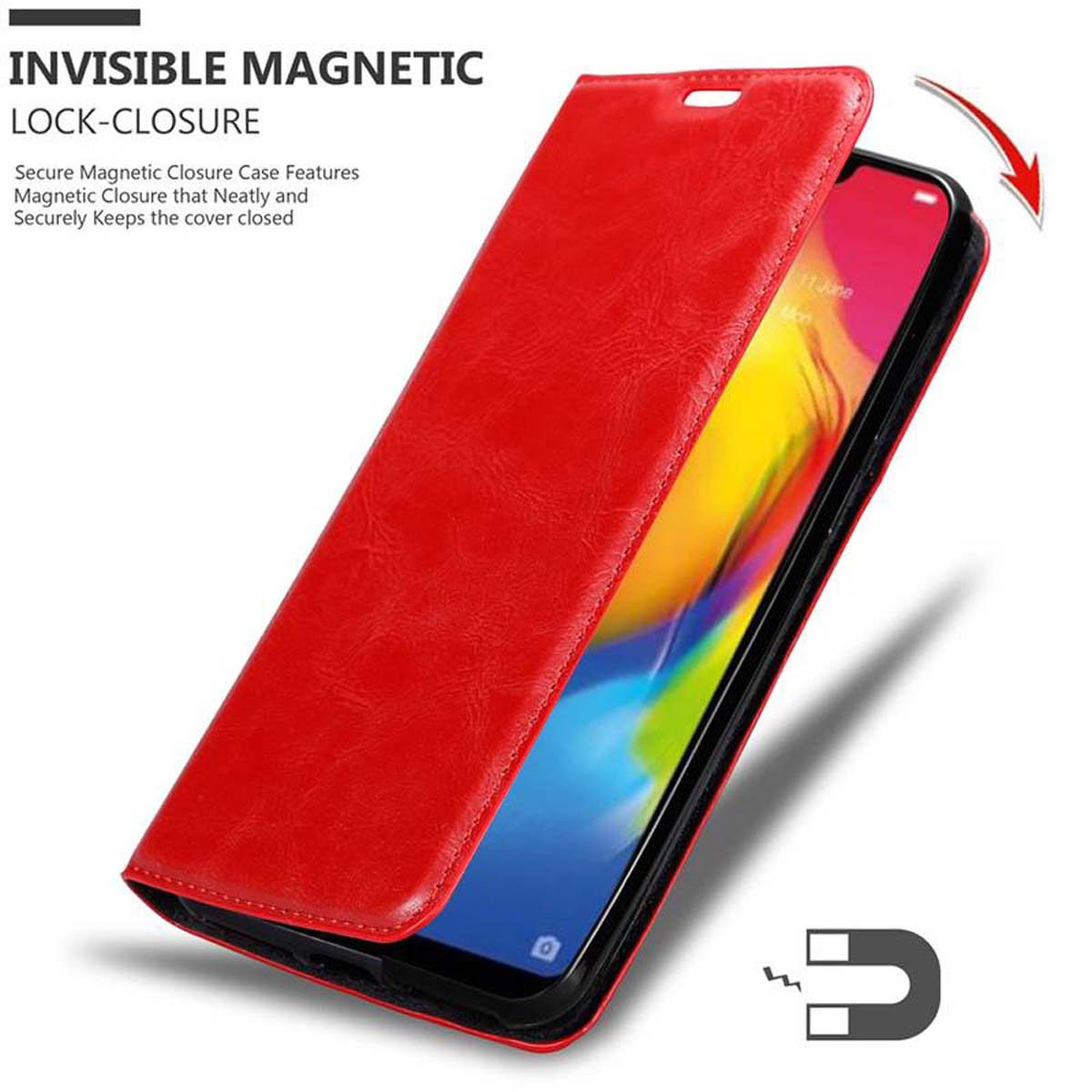 Custodia rossa con telefono. Testo: INVISIBLE MAGNETIC LOCK-CLOSURE. Sfondo bianco.
