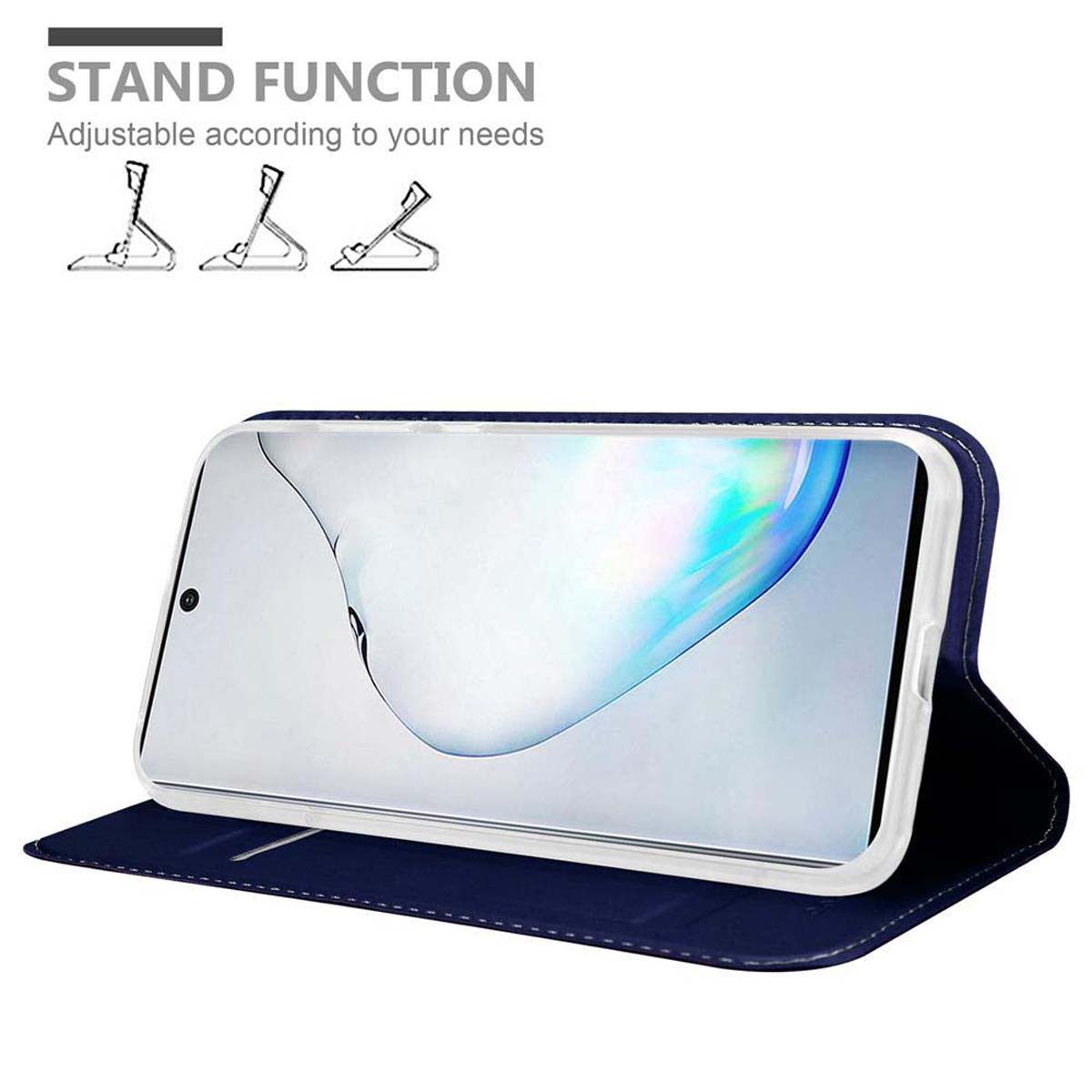 Custodia per telefono blu scuro in posizione stand. Il telefono è sul supporto. Testo e diagrammi della funzione supporto in alto.