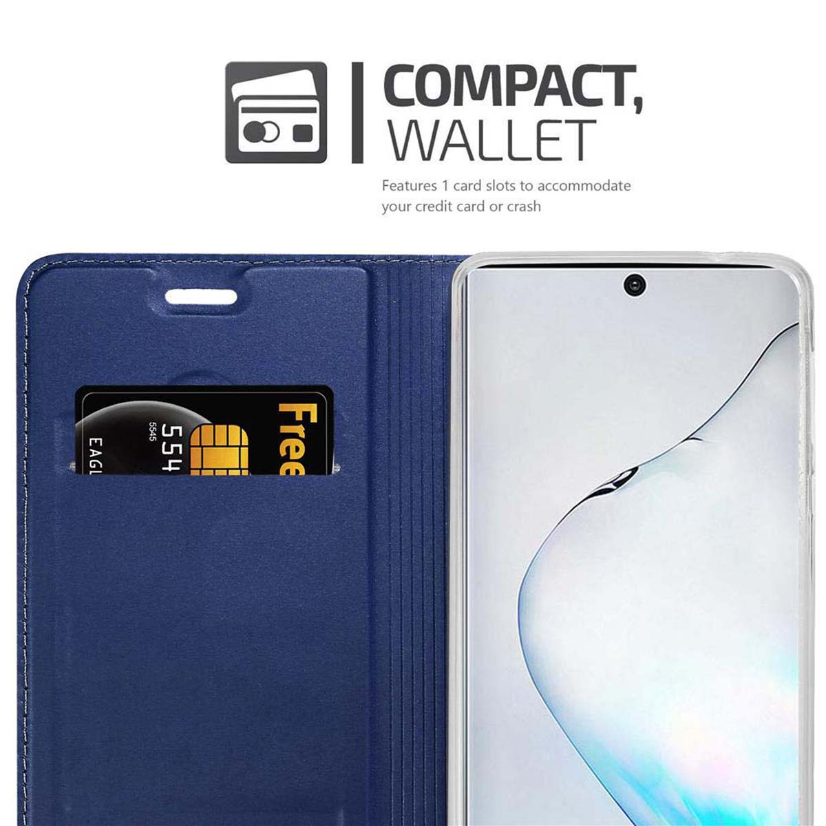 Custodia per telefono blu con slot per schede. Un telefono è all'interno. Carta di credito.