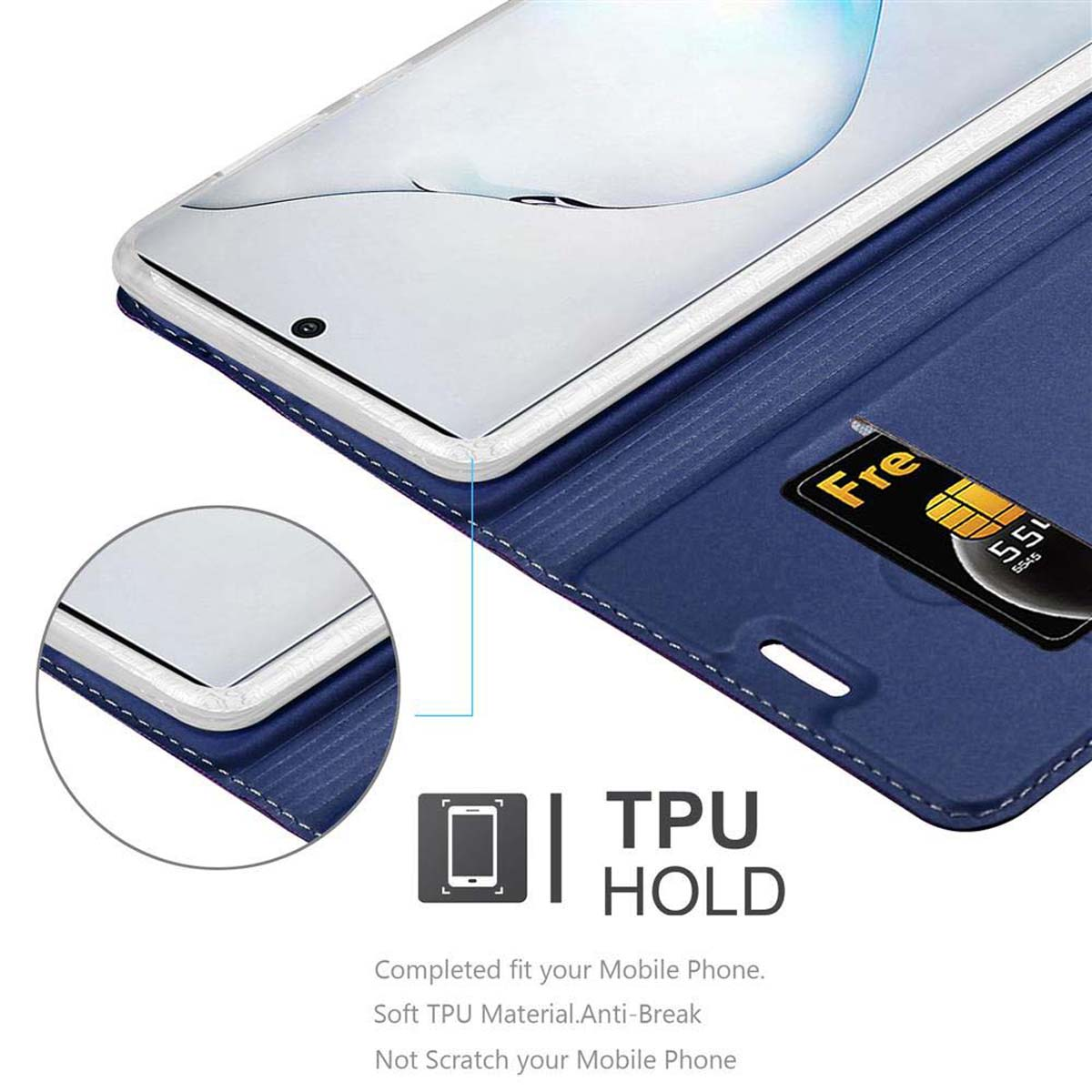 Telefono in custodia blu con fessura per schede. Il testo dice 'TPU HOLD'.