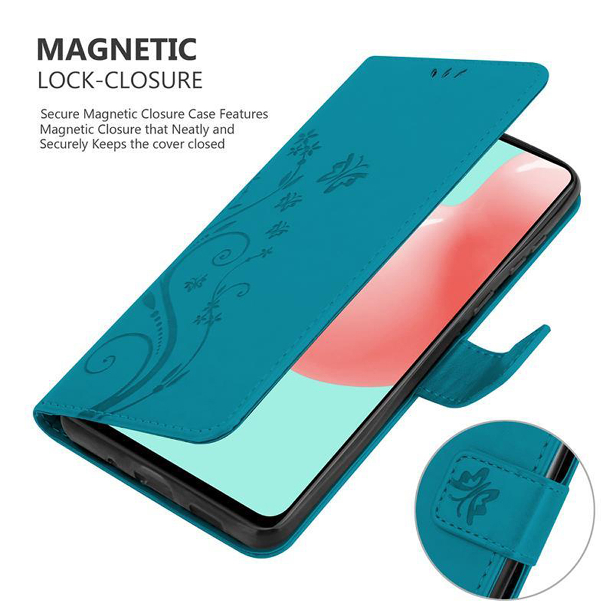 Custodia del telefono verde acqua aperta, che rivela un telefono. La custodia ha un motivo floreale e chiusura magnetica.