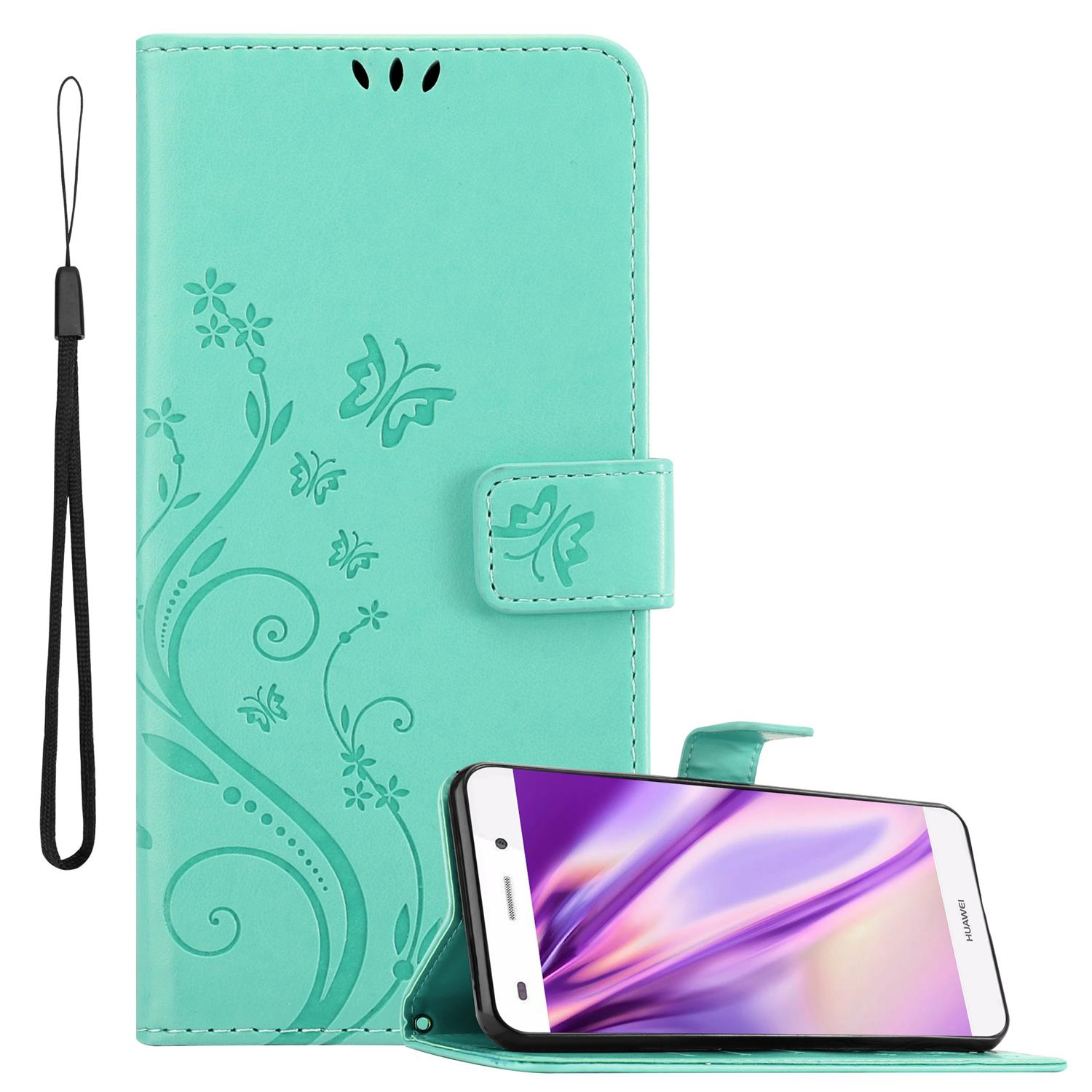 TÜRKIS Flower CADORABO Case, 2015, Hülle FLORAL Huawei, Muster LITE Bookcover, P8 Blumen