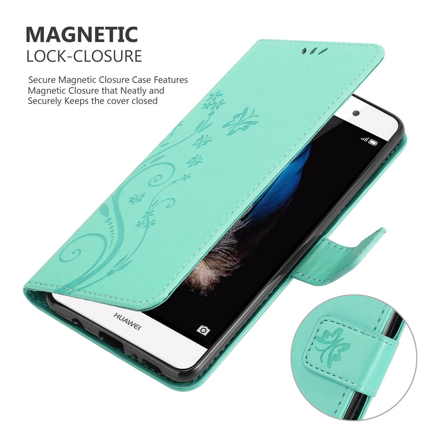 Custodia del telefono verde menta aperta, che rivela lo schermo del telefono. Il testo recita: CHIUSURA MAGNETICA.