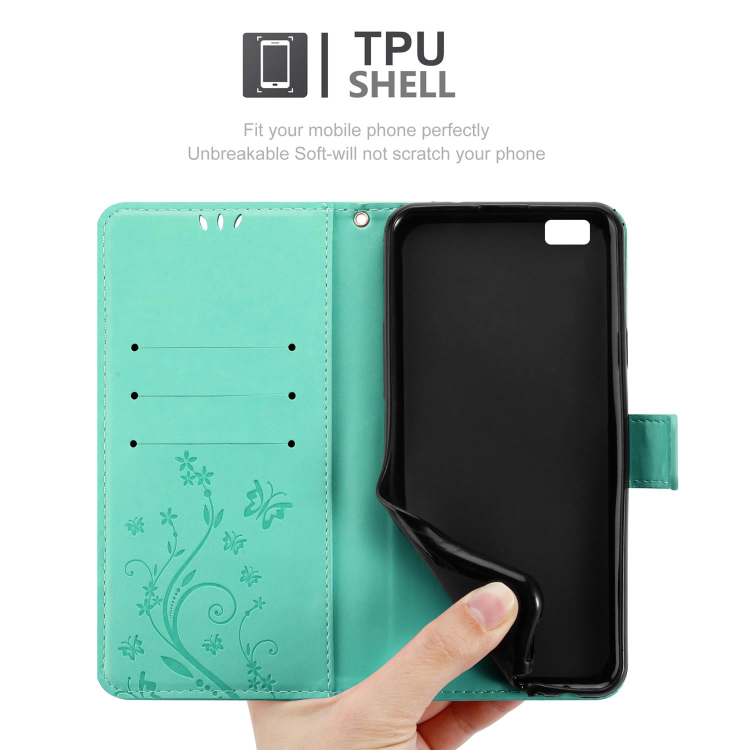 TÜRKIS Flower CADORABO Case, 2015, Hülle FLORAL Huawei, Muster LITE Bookcover, P8 Blumen