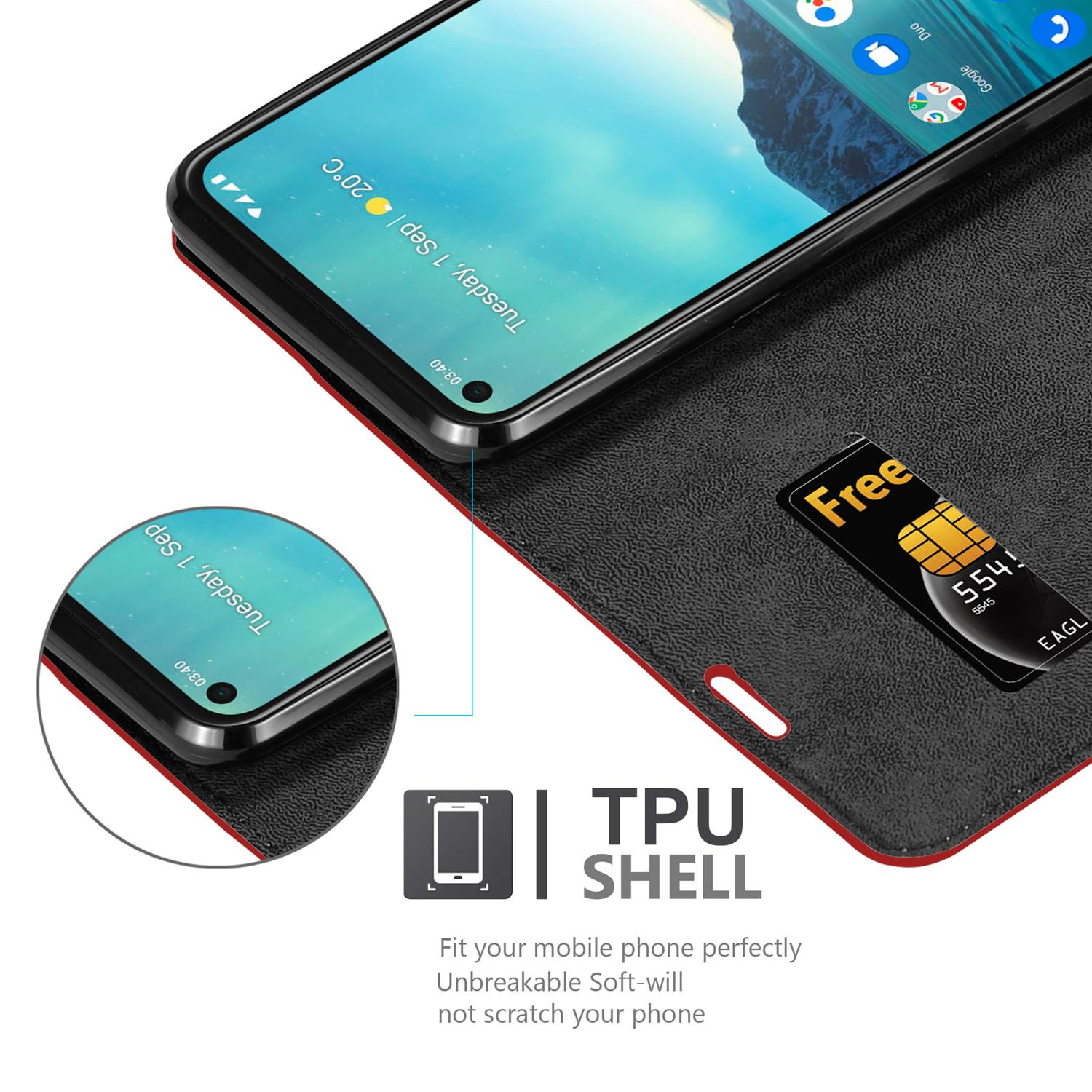 Una custodia per telefono con un telefono all'interno, con un piccolo ritaglio. È visibile una piccola grafica del telefono.