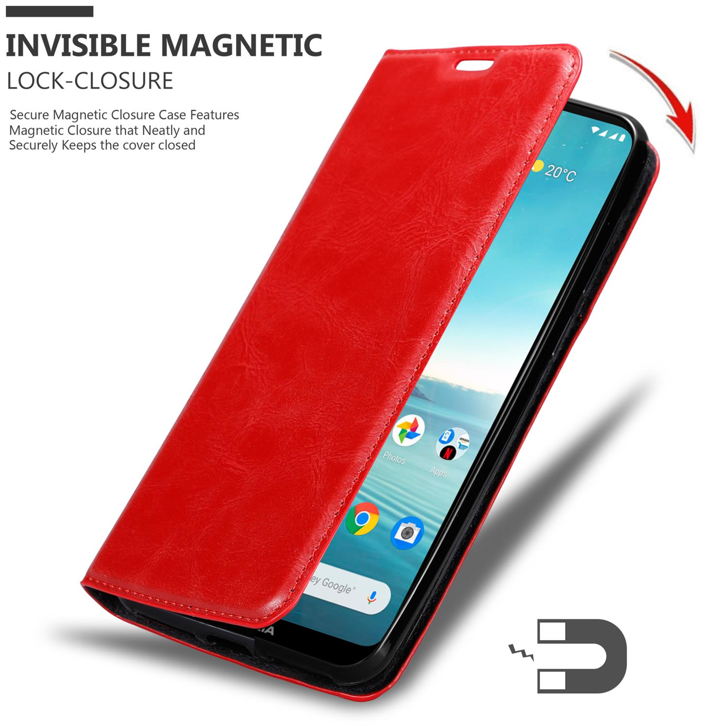 Custodia rossa per telefono. La custodia è aperta, rivelando il telefono. Testo: CHIUSURA MAGNETICA INVISIBILE.