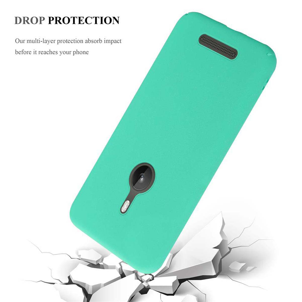 Una custodia per telefono verde acqua con un telefono all'interno. La protezione dalle cadute è evidenziata e il telefono è rotto.