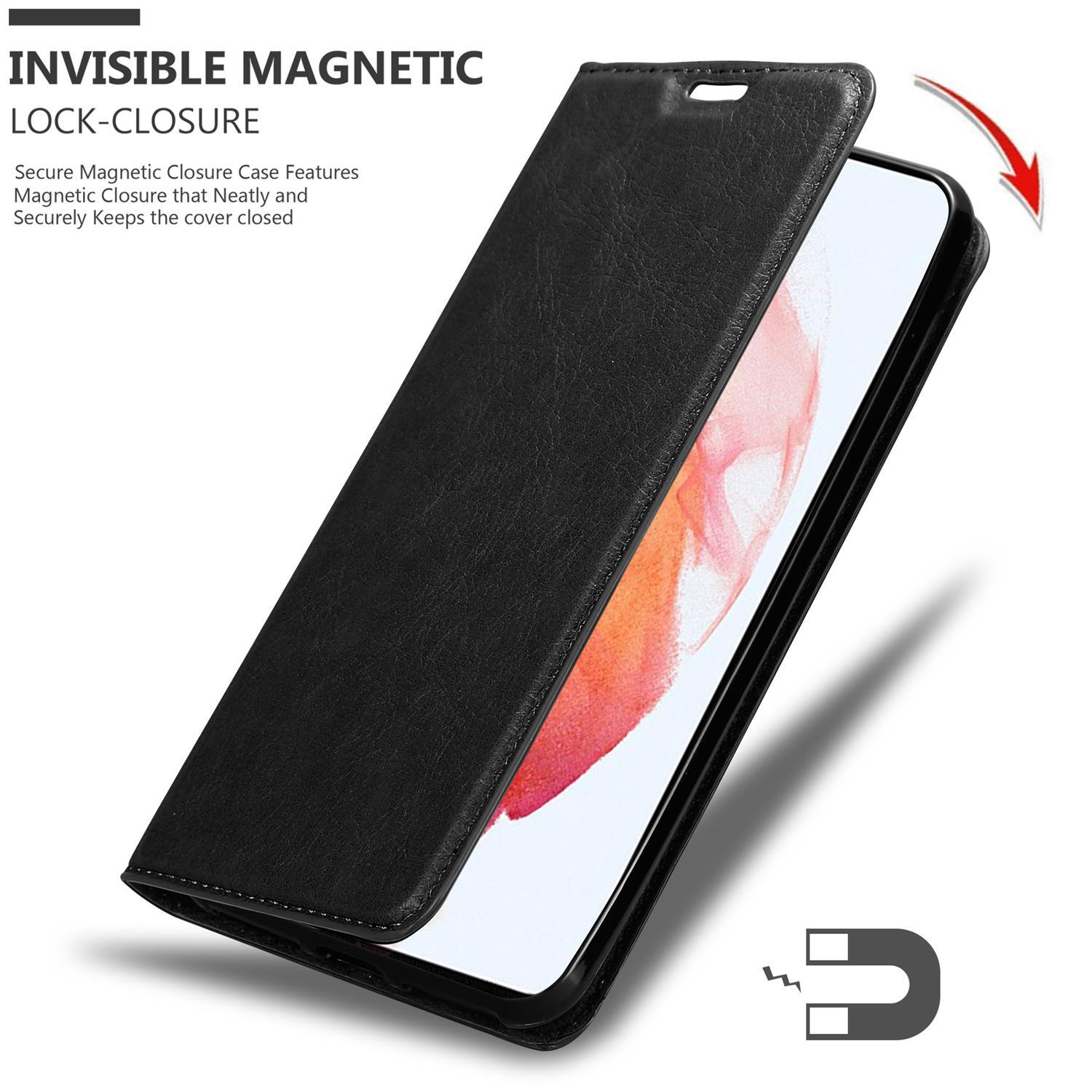 Custodia nera per telefono con chiusura magnetica, aperta. Schermo del telefono visibile.