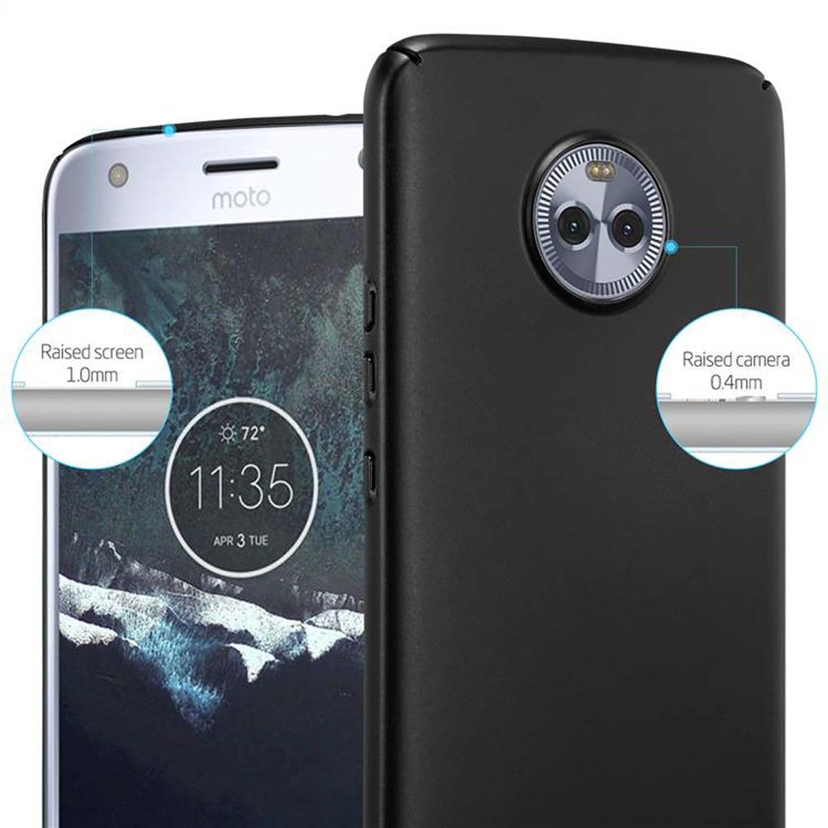 Schwarze Handyhülle mit Moto-Telefon. Text: Erhöhter Bildschirm 1,0 mm und erhöhte Kamera 0,4 mm.