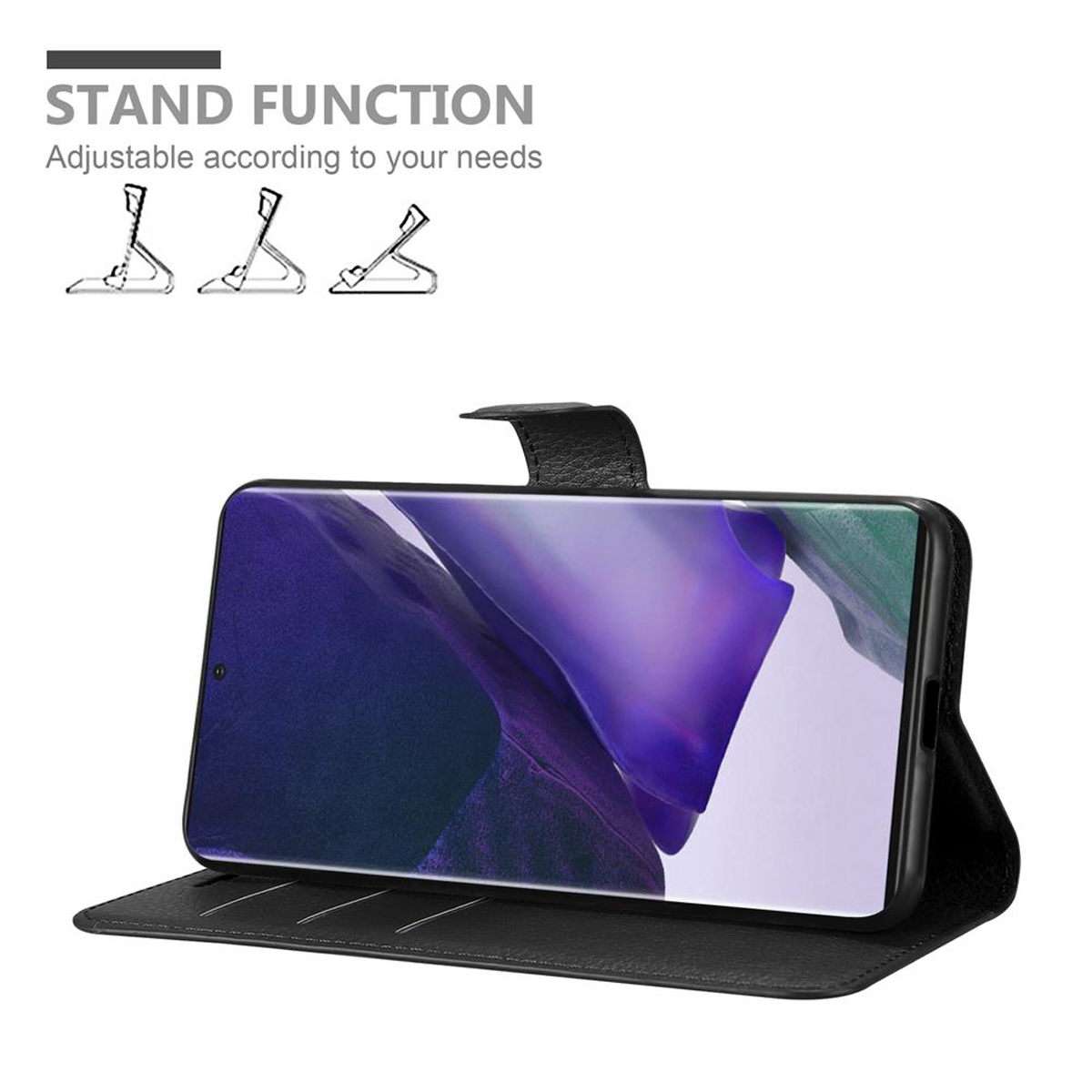Eine schwarze Handyhülle mit einem Telefon darin. Die Hülle ist offen. Text: STANDFUNKTION. Drei Standdiagramme.