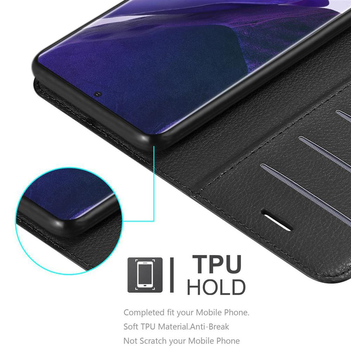 Schwarze Handyhülle mit einem Telefon darin. Text: TPU-Halterung.
