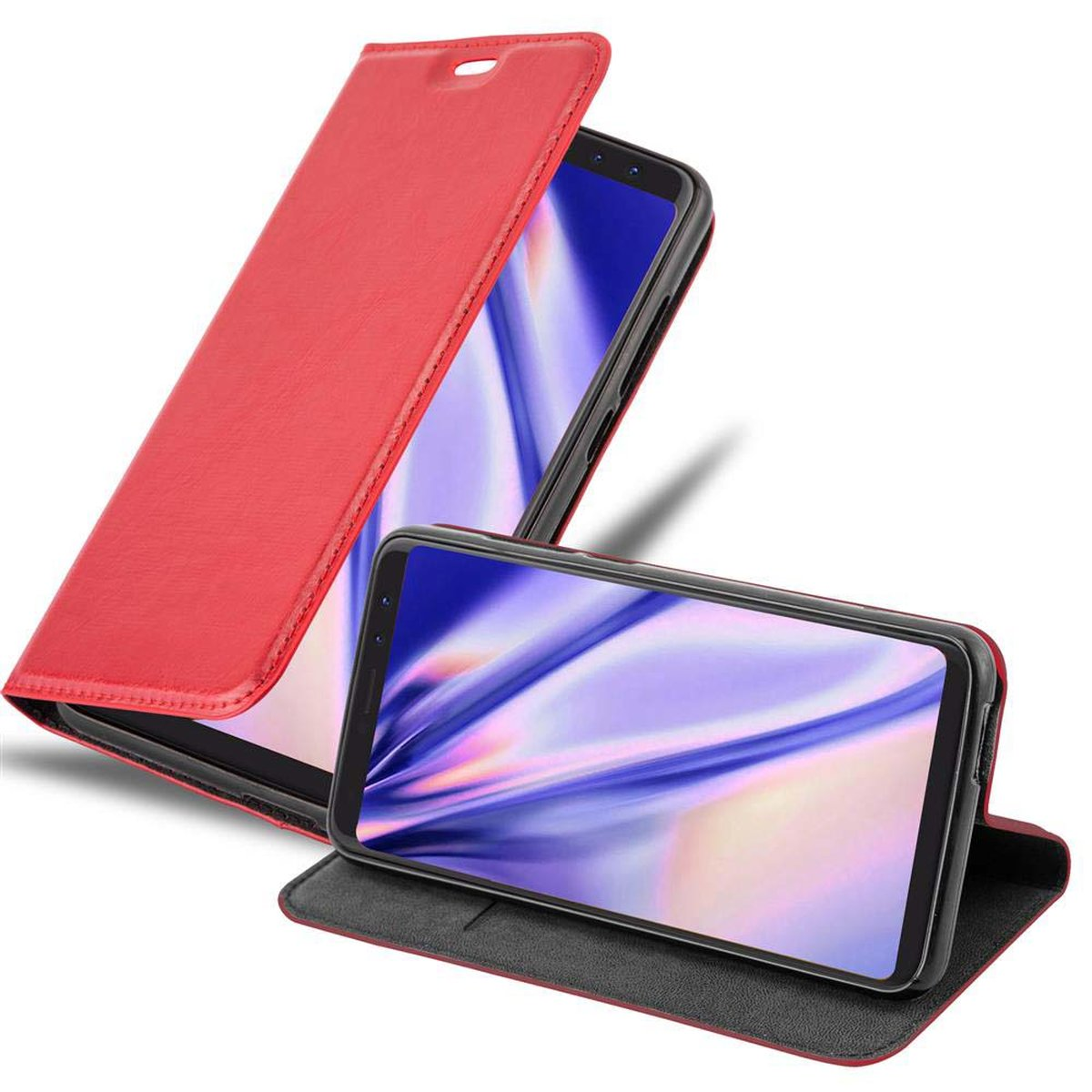 Custodia rossa con telefono. Una parte aperta, l'altra chiusa.