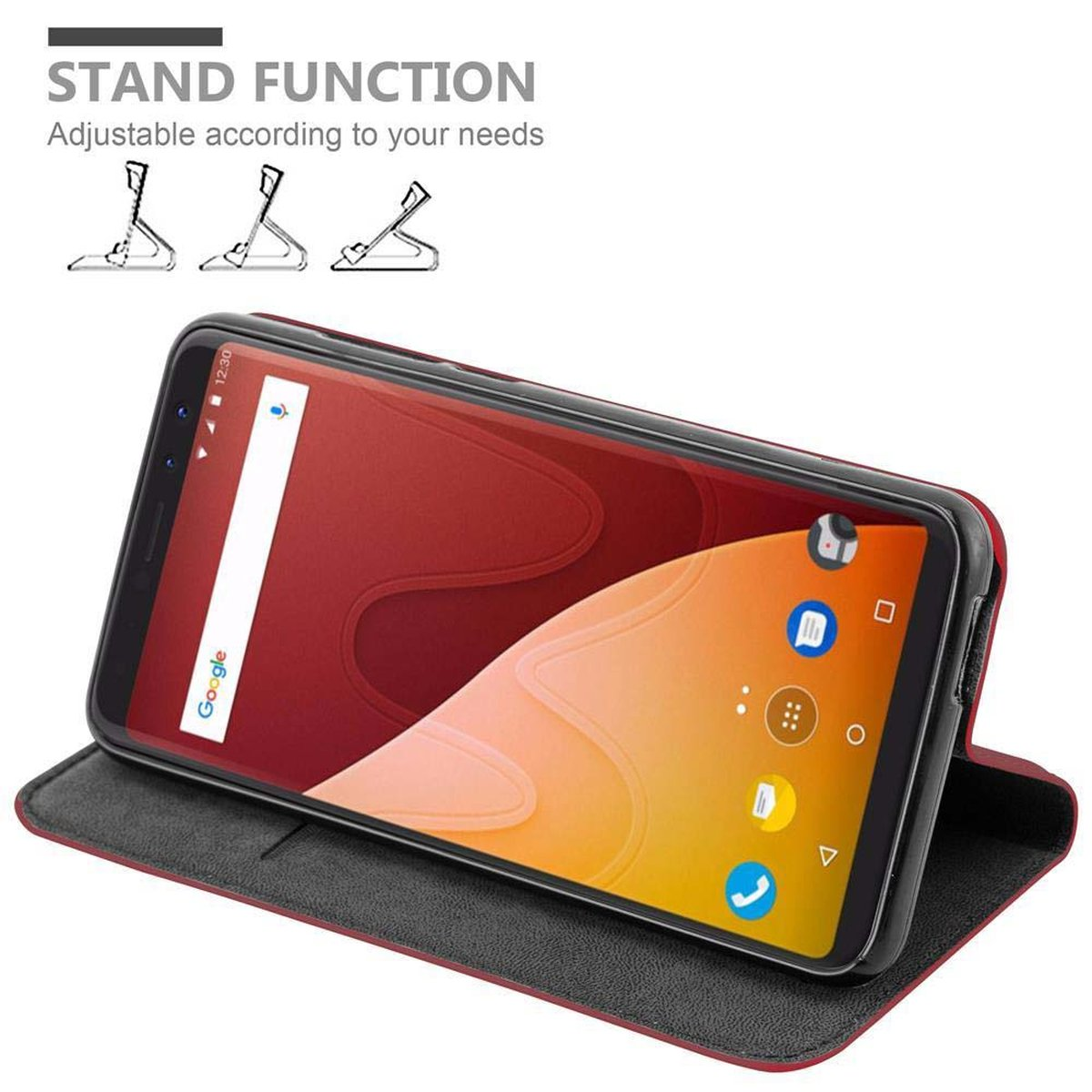Telefono in custodia su supporto, con interno rosso.