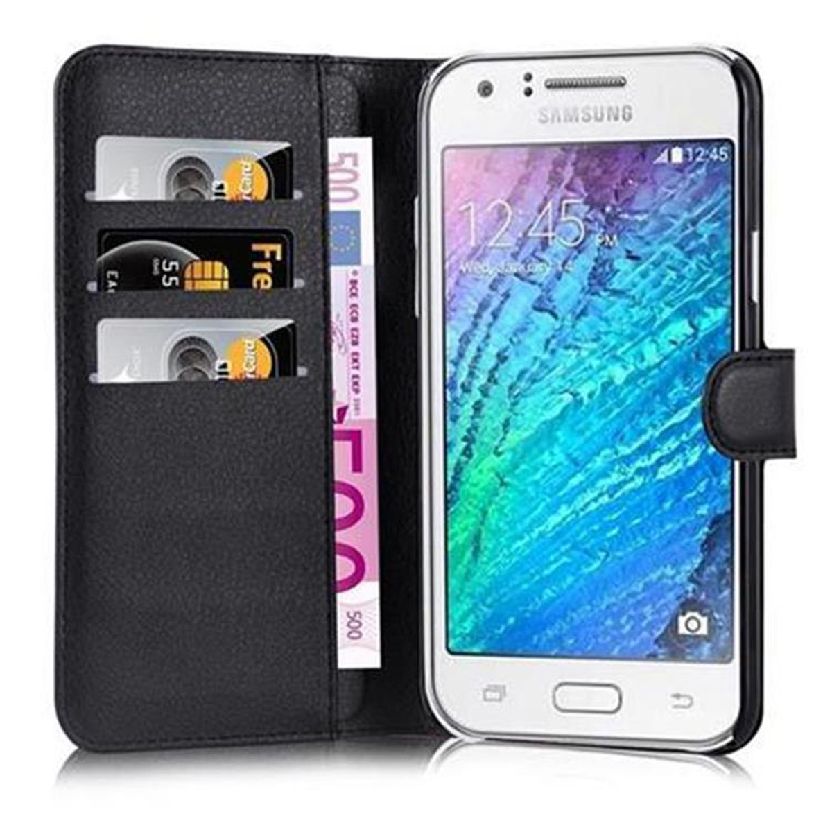 Eine Handyhülle mit einem Telefon darin, das Uhrzeit und Datum anzeigt. Karten und Geld befinden sich in den Schlitzen der Hülle.
