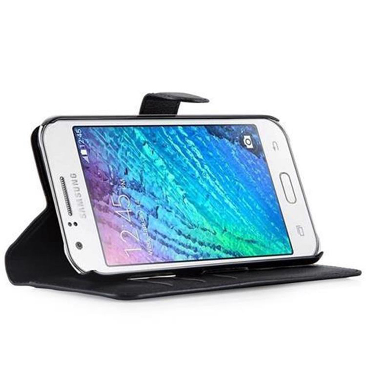 Schwarze Brieftaschen-Handyhülle mit einem weißen Telefon, das den Bildschirm mit bunter Anzeige zeigt.