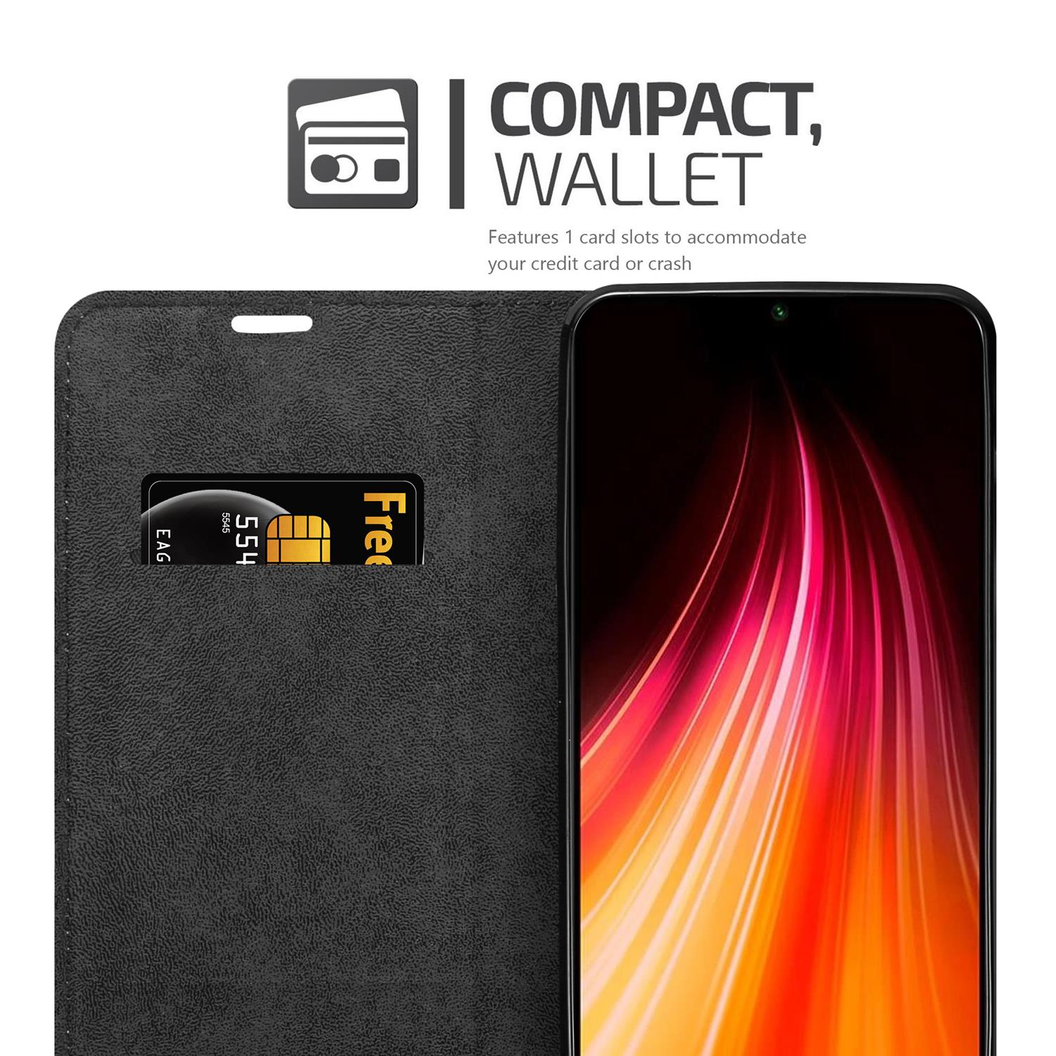 Eine schwarze Handyhülle mit einem Telefon darin. Die Hülle hat einen Schlitz für eine Karte. Die Hülle ist geöffnet.