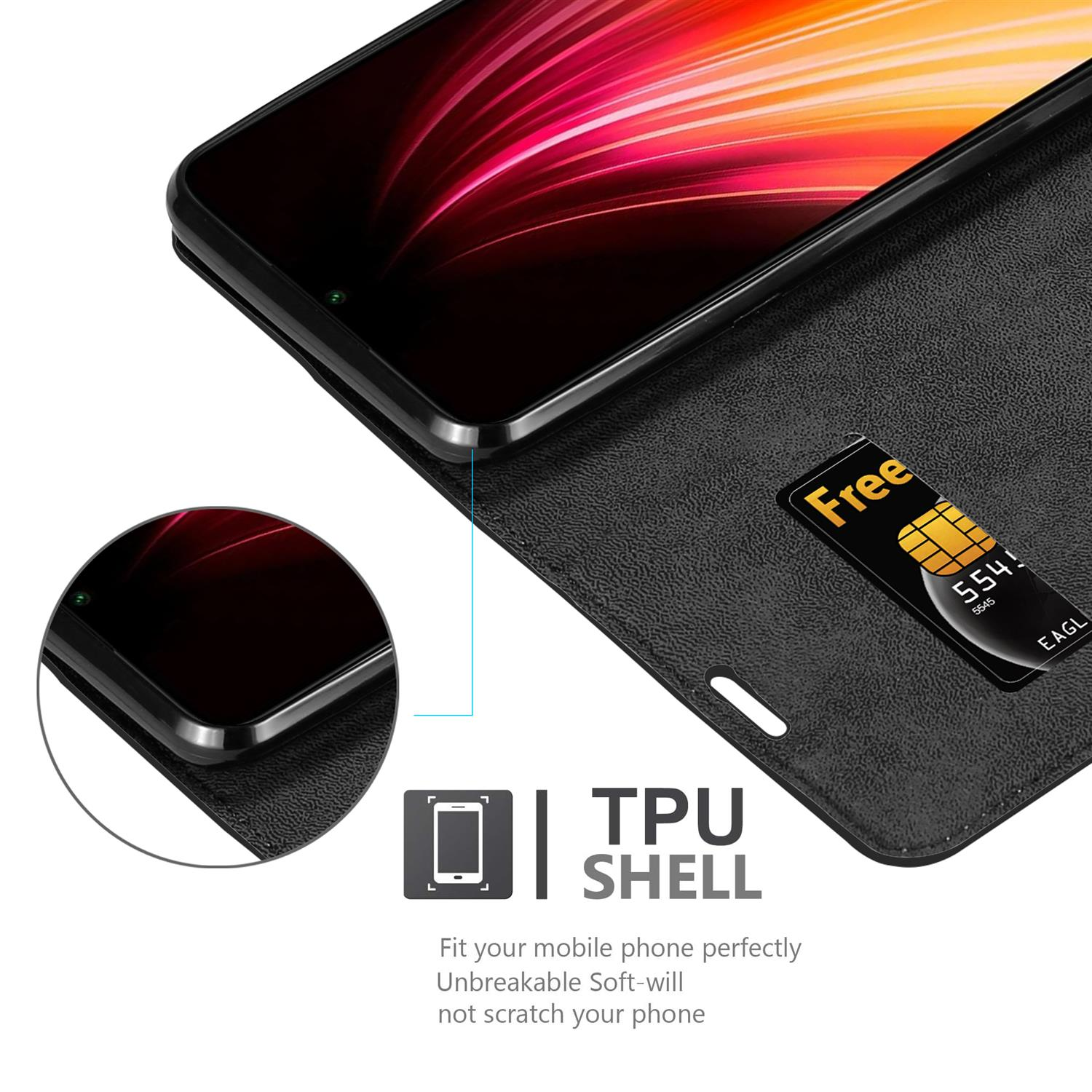 Schwarze Handyhülle mit Handy, SIM-Karte und TPU-Schalen-Details. Nahaufnahme von Handy und Hülle.