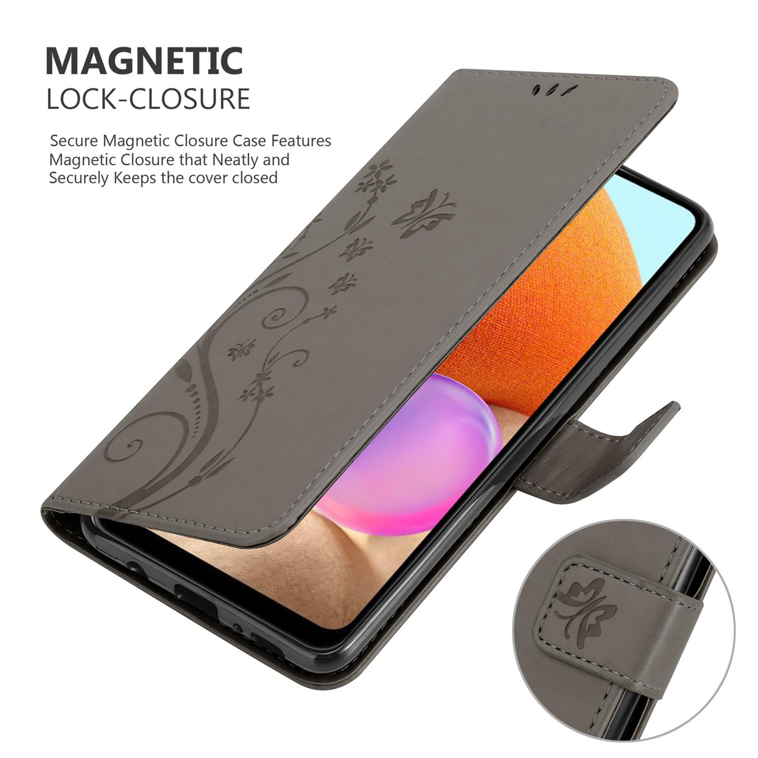 Custodia grigia aperta, che mostra un telefono con disegni floreali e dettagli di chiusura magnetica.