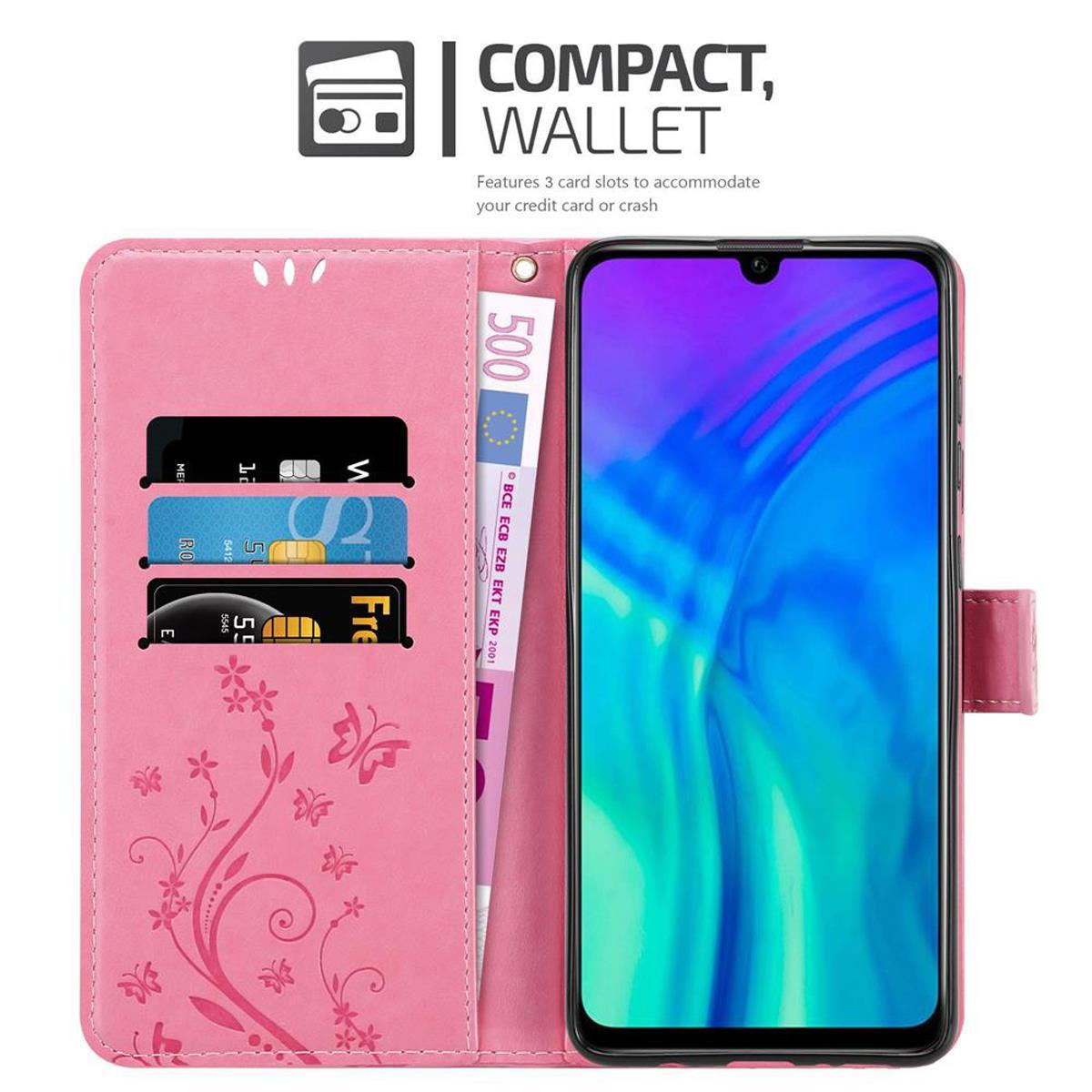 Custodia a portafoglio rosa con telefono. Include carte, denaro e design floreale.