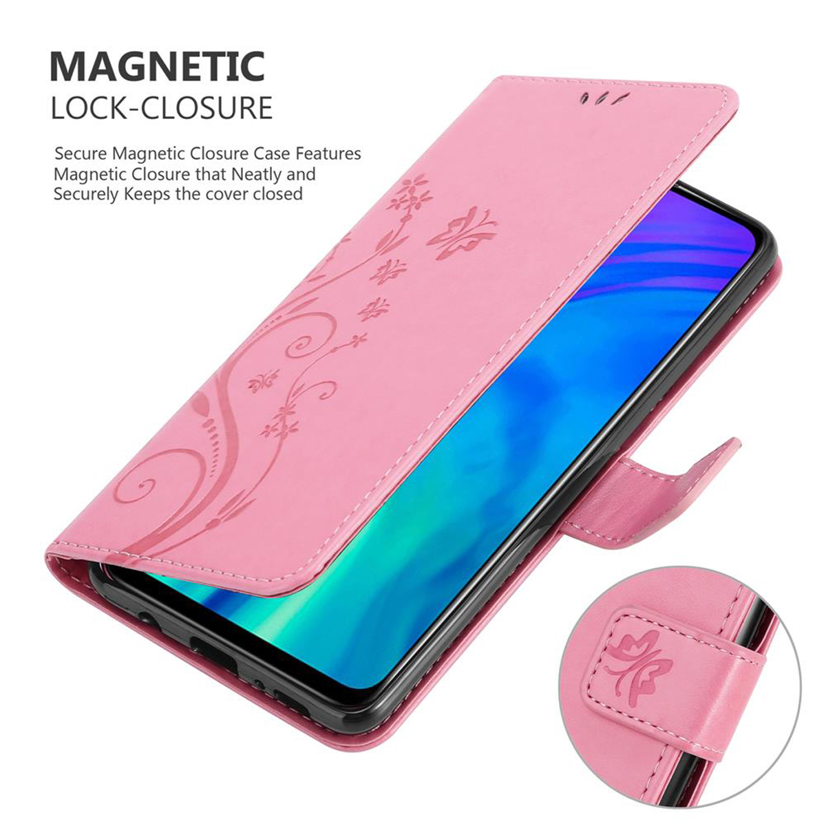 Custodia a portafoglio rosa per telefono con chiusura magnetica. La custodia è aperta e presenta dettagli floreali.