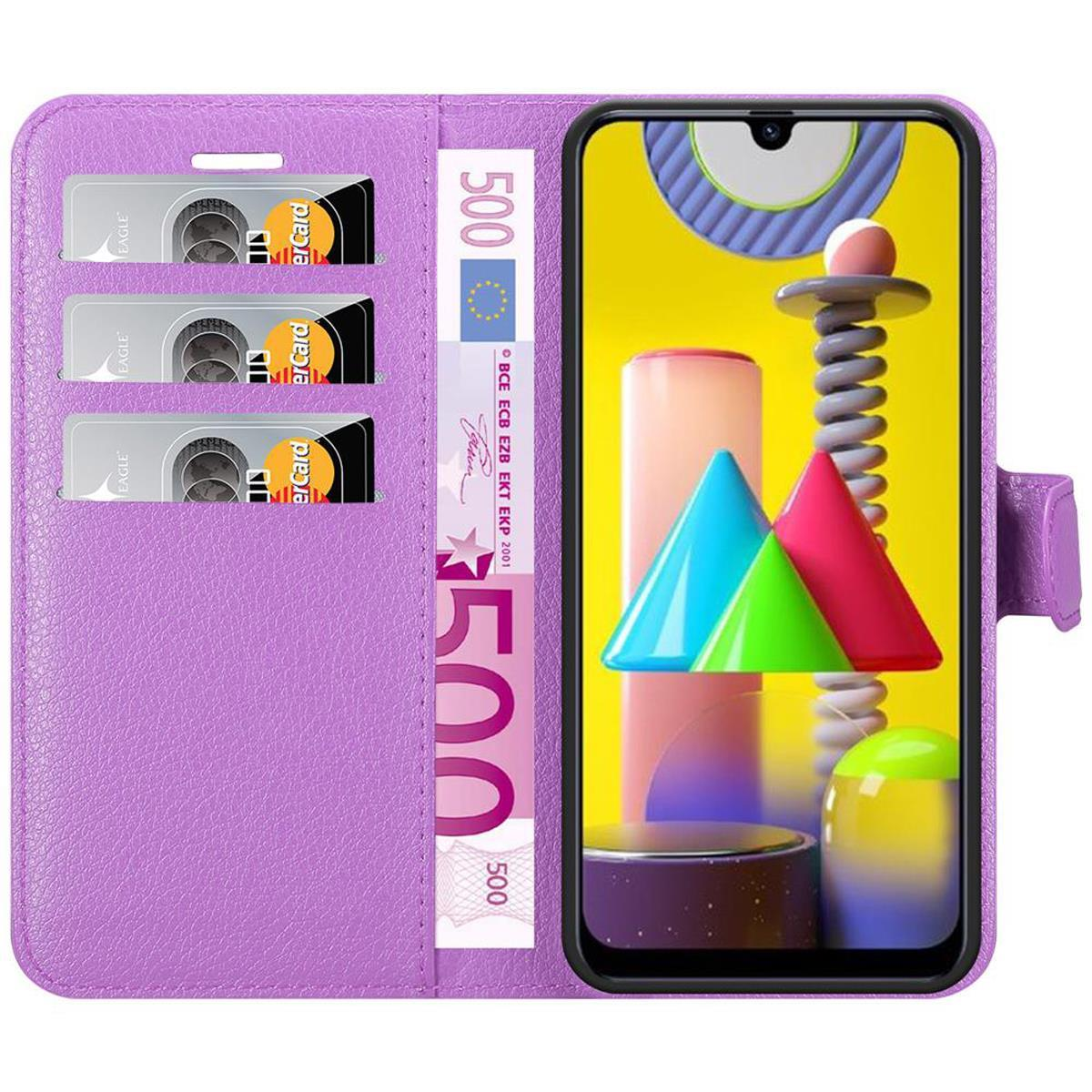 Custodia viola per telefono, con carte di credito e denaro all'interno, telefono con schermo colorato. Testo: 500 Euro.