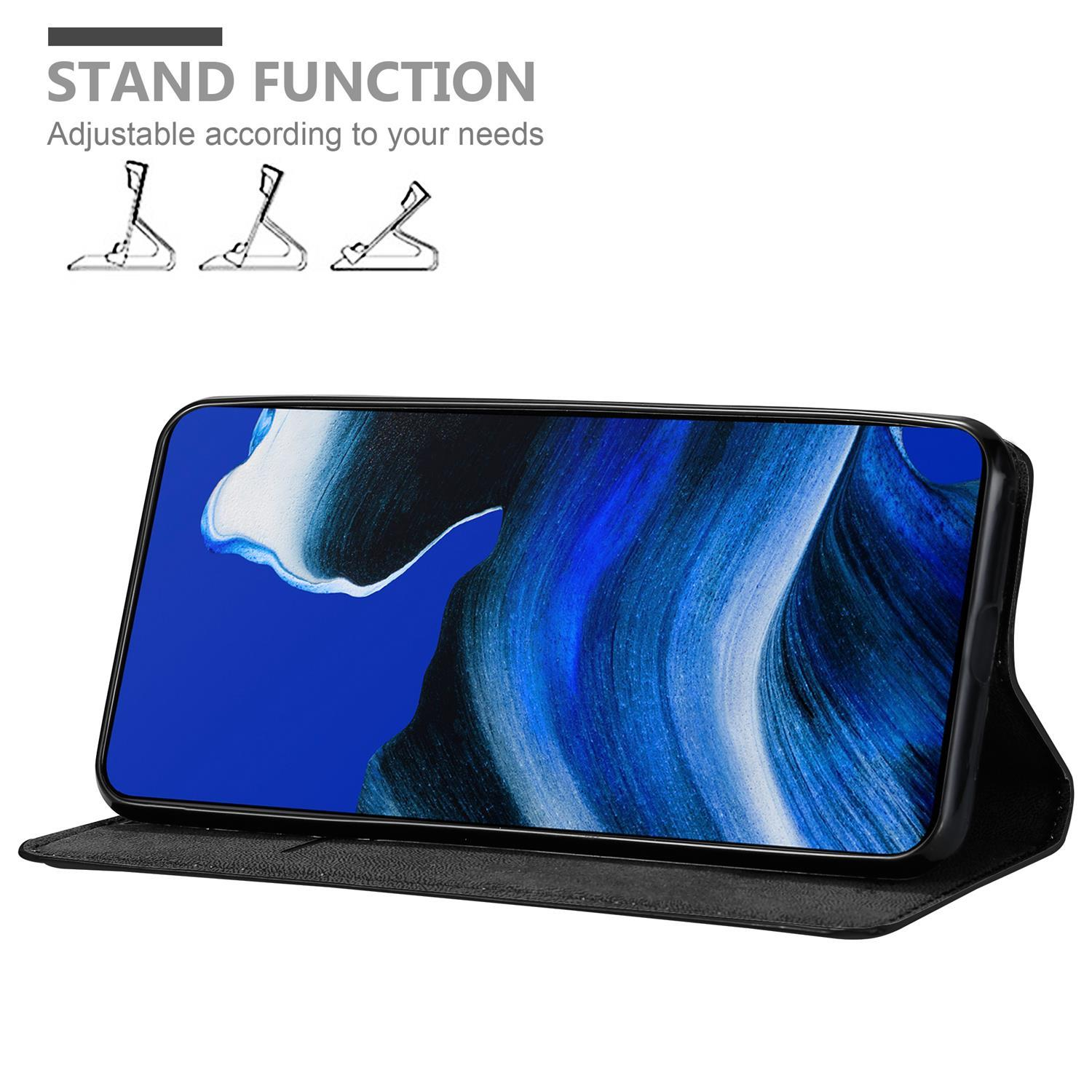 Telefono in custodia nera, aperto, con schermo blu. La funzione supporto è indicata sullo sfondo.
