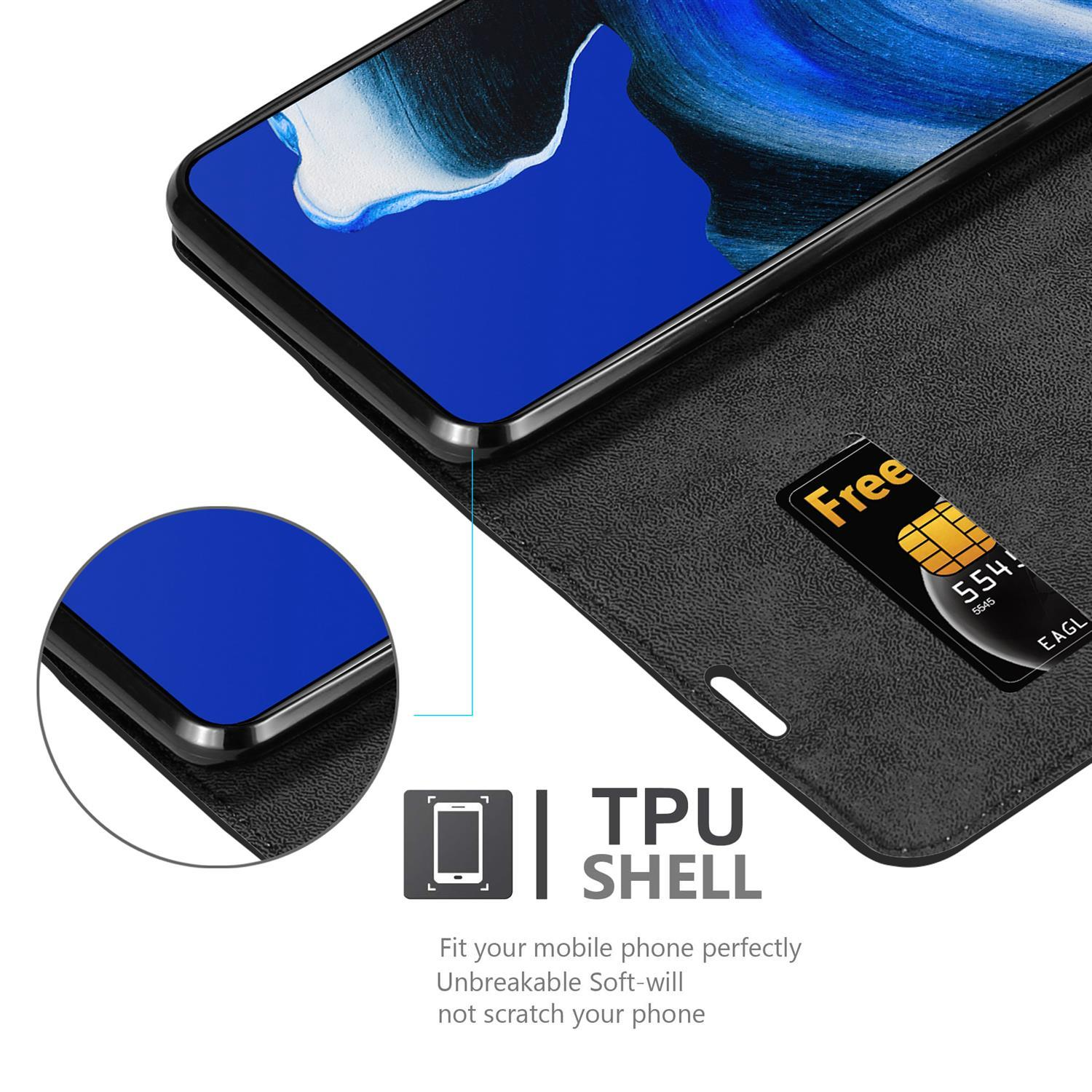 Custodia aperta, che mostra un telefono all'interno e un'etichetta TPU shell con un contorno di telefono e testo.