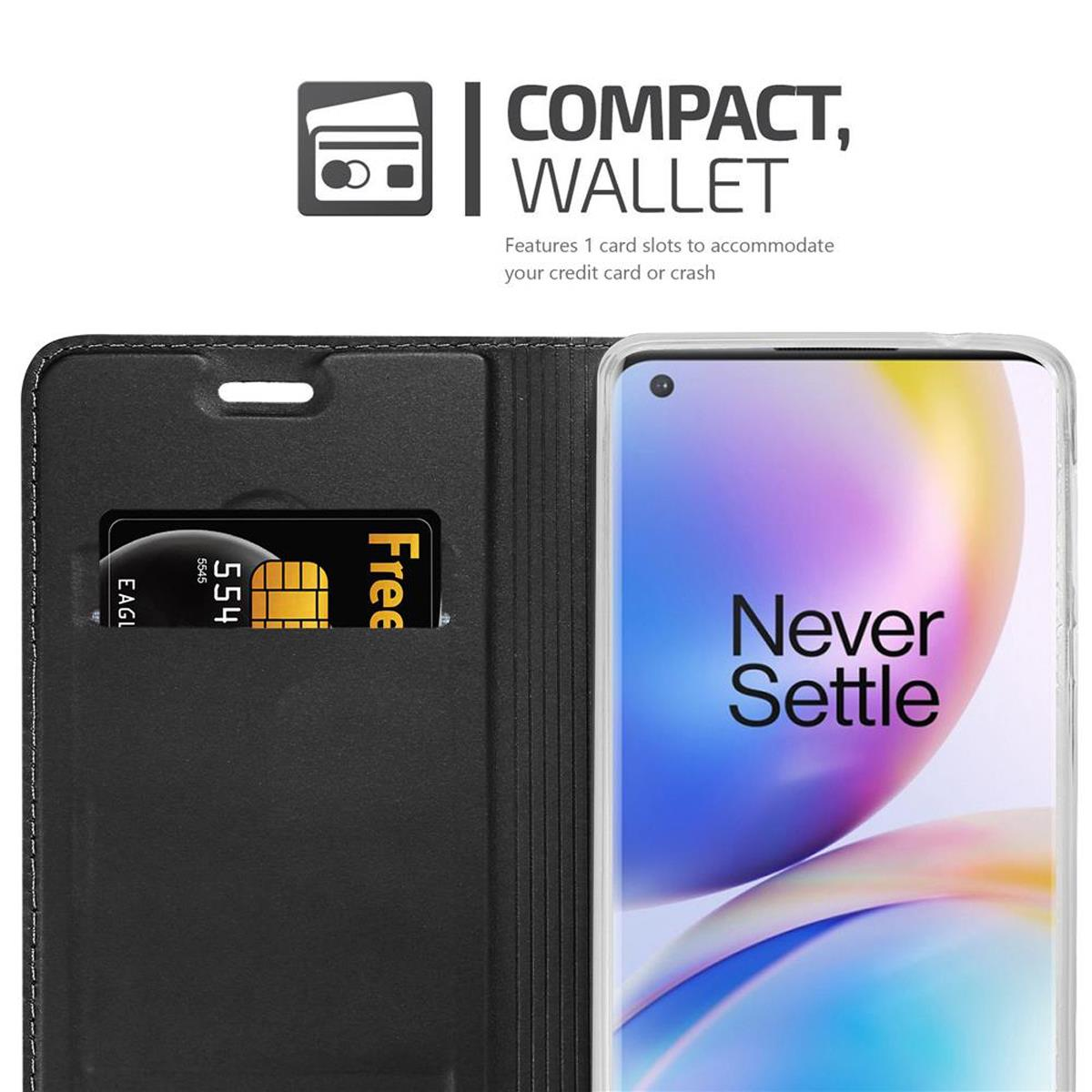 Schwarze Handyhülle mit Geldbörsen-Design. Ein Telefon befindet sich in der Hülle. Es hat einen Kartenhalter.