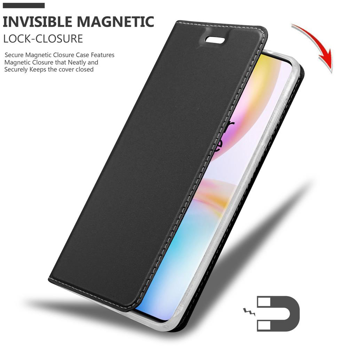 Schwarze Handyhülle mit Telefon im Inneren, die Hülle ist geöffnet. Ein Magnet ist abgebildet.