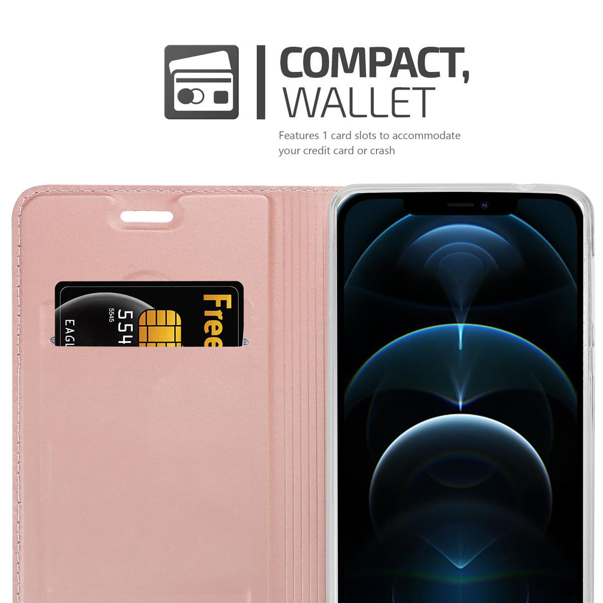 Rosa Handyhülle mit Telefon im Inneren. Eine Karte ist in einem Schlitz. Text: 'Compact, Wallet'.