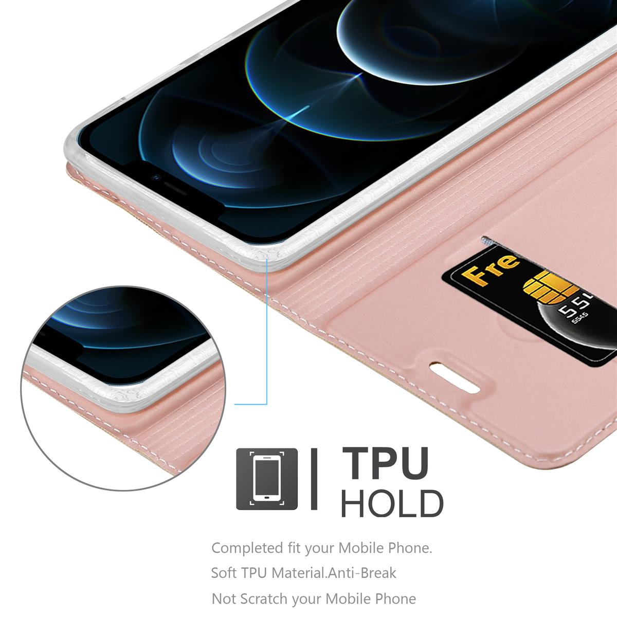Geöffnete Handyhülle, Telefon und Karte zeigend. Rosa Hülle, schwarze Karte. Text: TPU HOLD.