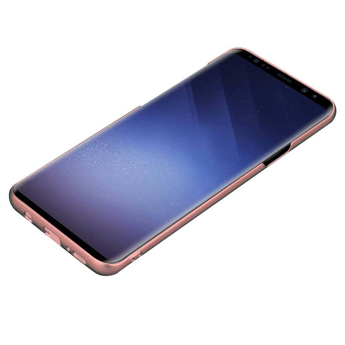 Ein rosa Telefon mit blauem Bildschirm. Das Telefon befindet sich in einer Hülle.