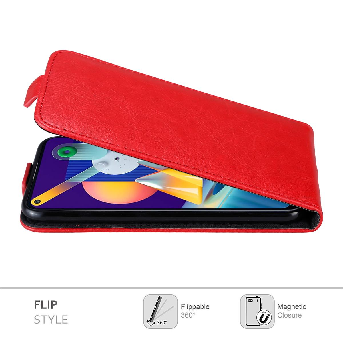 Rote Handyhülle, offen, mit Telefon darin. Die Hülle befindet sich auf weißem Hintergrund.