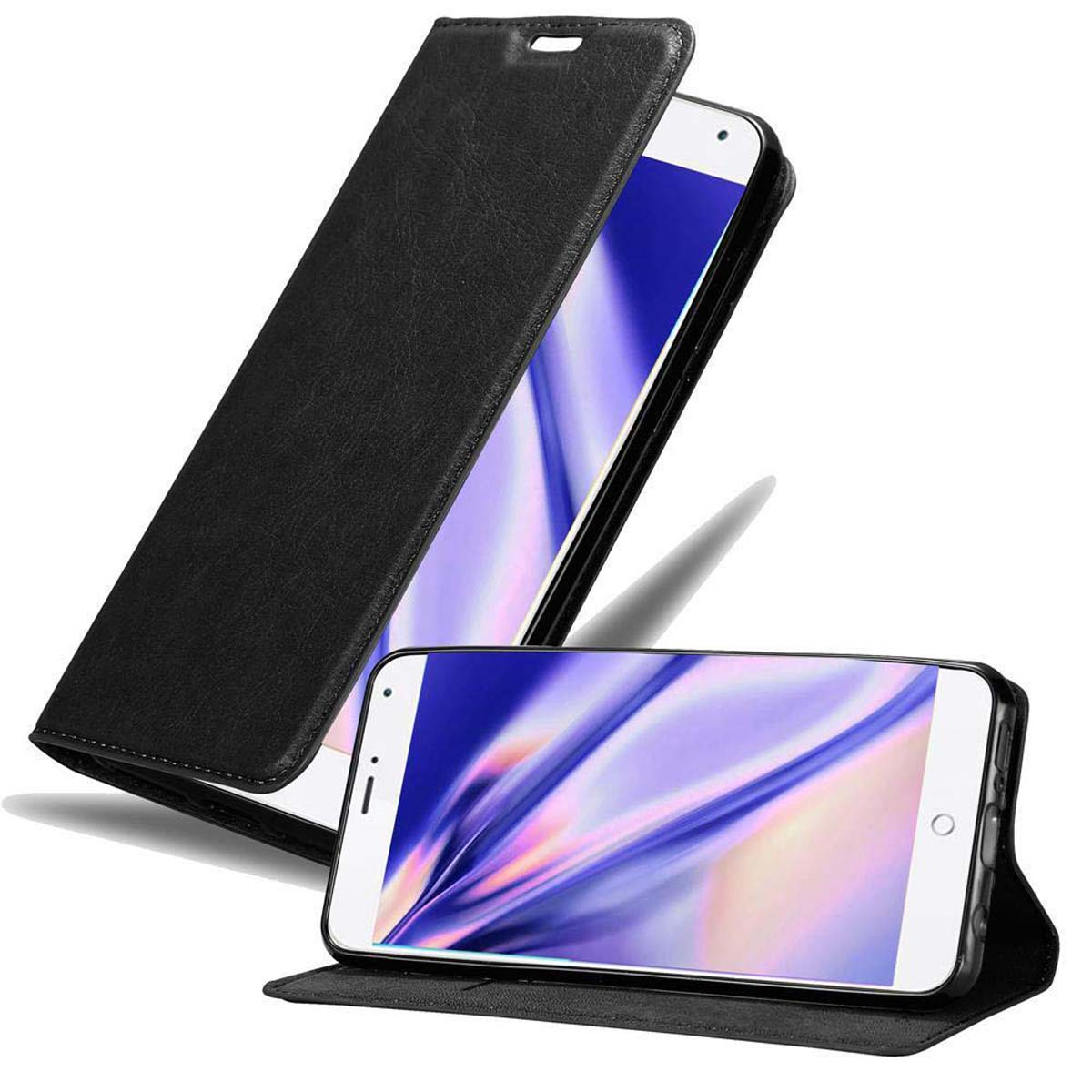 Una funda negra para teléfono, abierta con un teléfono dentro. El teléfono está abierto, en la parte inferior.