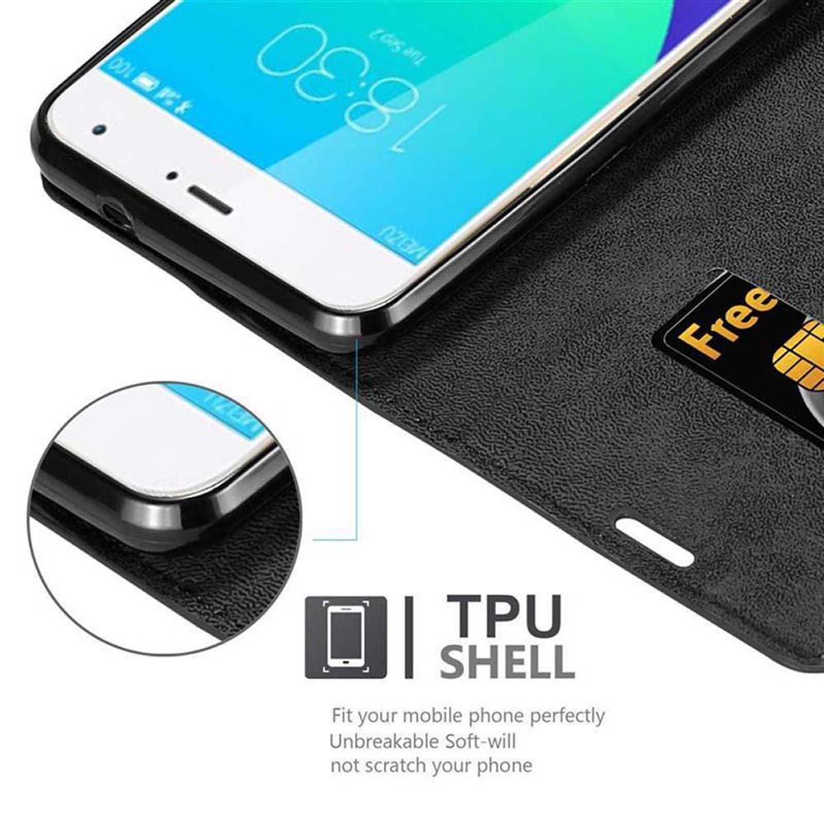 Funda negra abierta con teléfono, hora y tarjeta Free.