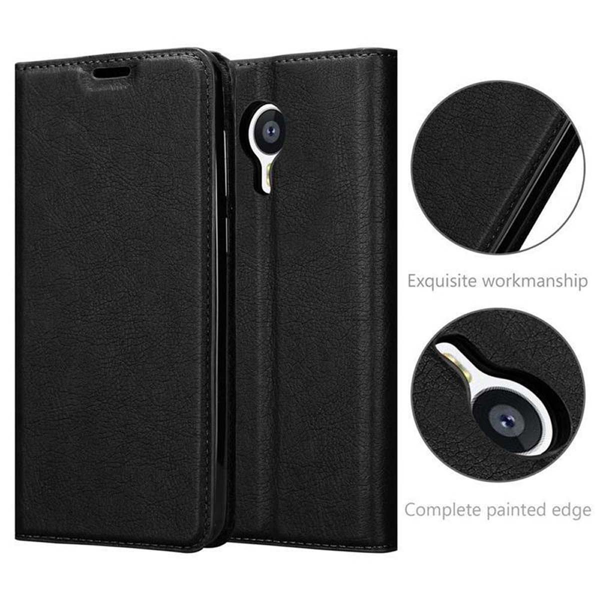 Funda de teléfono negra abierta, mostrando el teléfono. Se muestran detalles de la funda y el borde del teléfono.