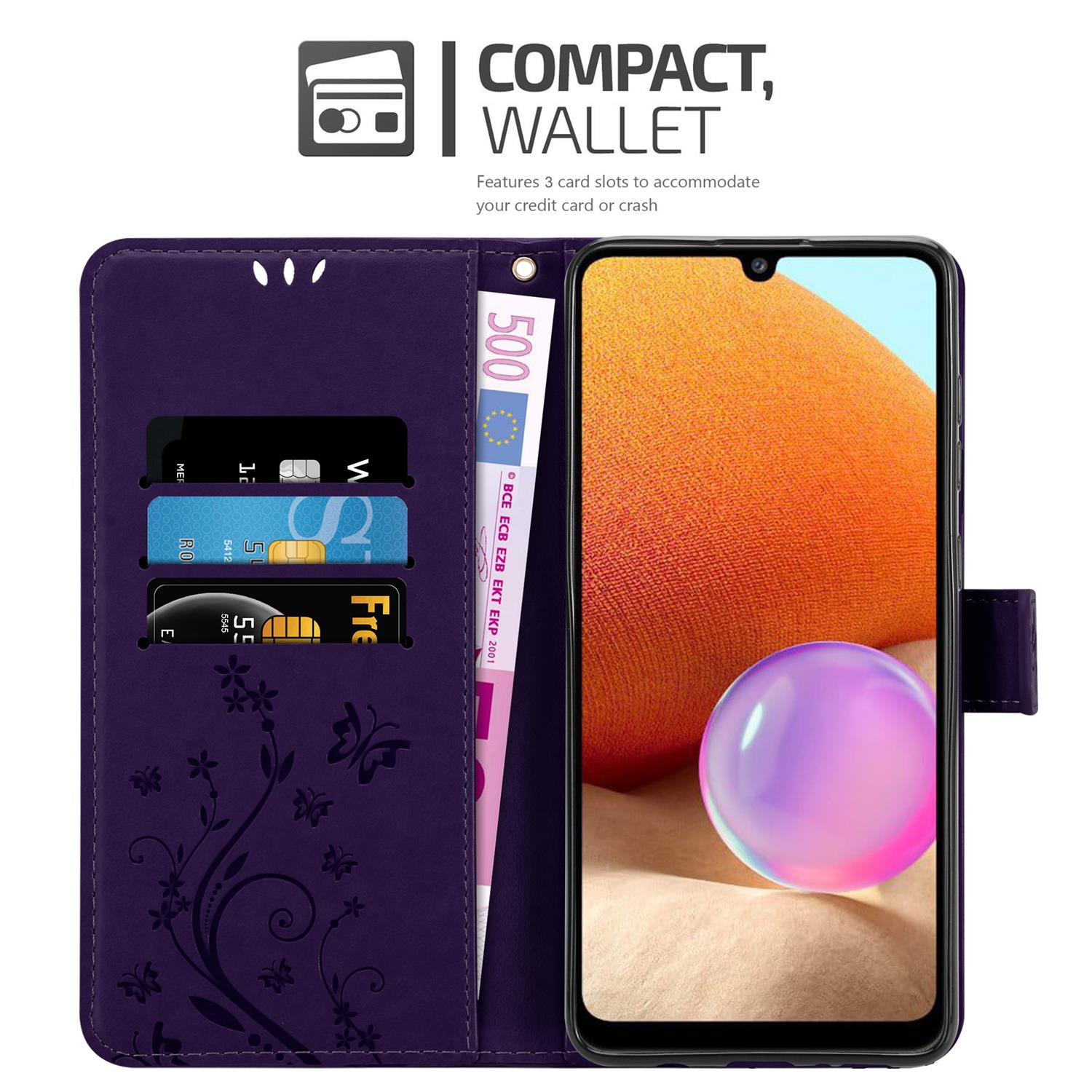 Telefono in una custodia a portafoglio viola aperta. Carte e banconota da 500 euro visibili. Schermo acceso.