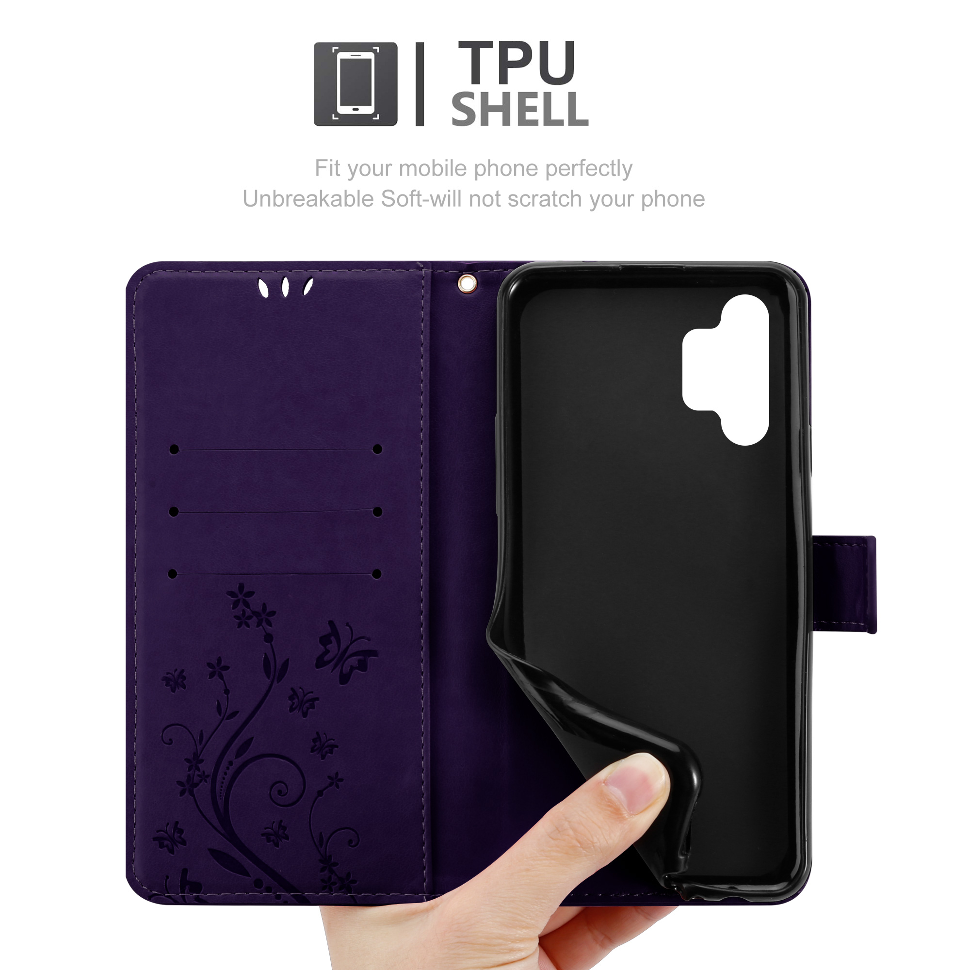 Una custodia a portafoglio viola con un telefono all'interno. Ha un design floreale e si apre a mano.