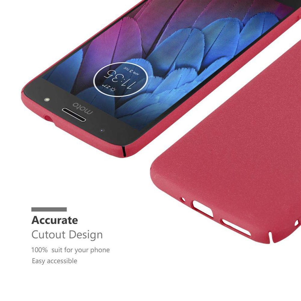 Custodia rossa per telefono con telefono, angolato. Il testo dice 'Accurate Cutout Design'.