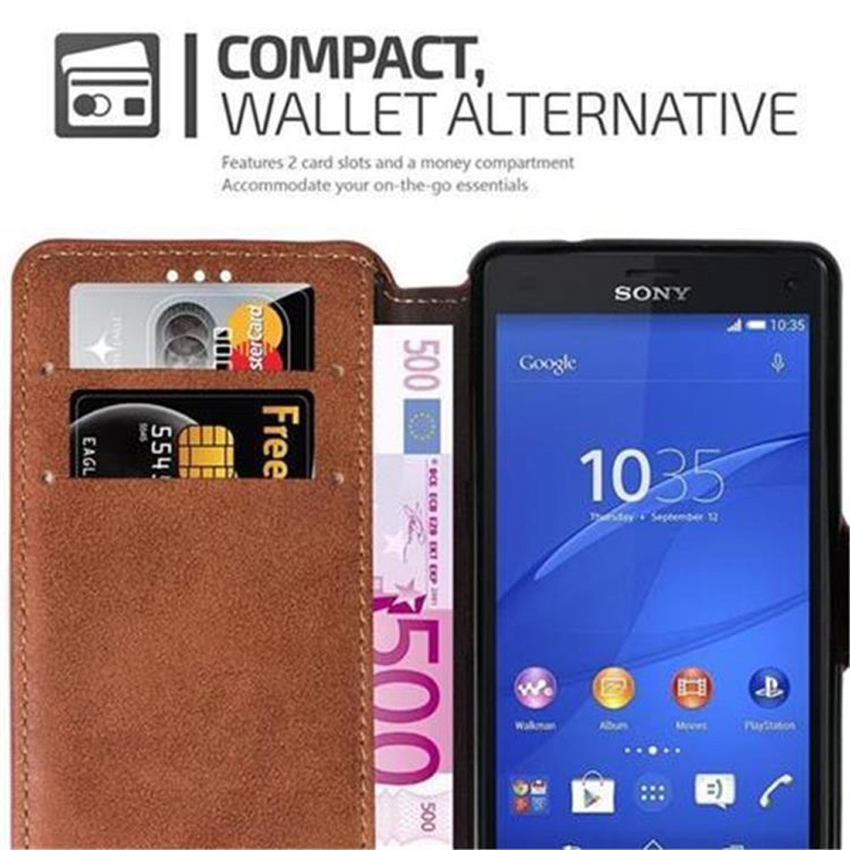 Funda marrón para teléfono con tarjetas, dinero y un teléfono. Texto 'Compact Wallet Alternative'.
