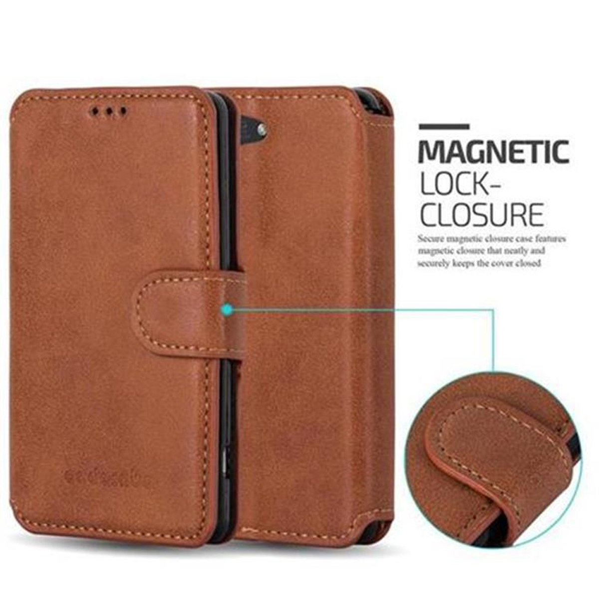 Funda de teléfono marrón, cerrada, con cierre magnético y primer plano.