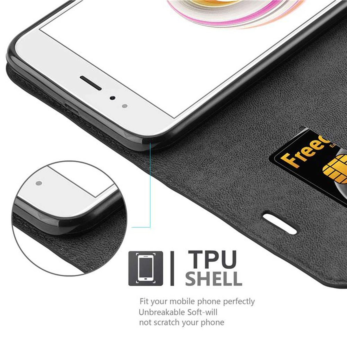 Custodia per telefono nera aperta con un telefono all'interno e una carta. Testo: Guscio in TPU.
