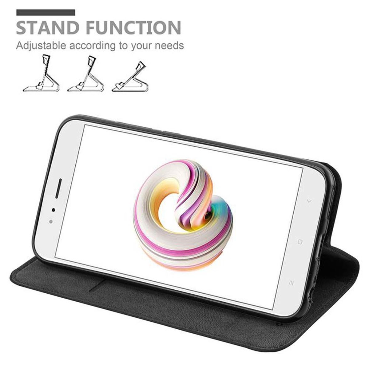 Telefono in custodia nera, aperto. Schermo con vortice colorato. Testo: 'Funzione supporto'.
