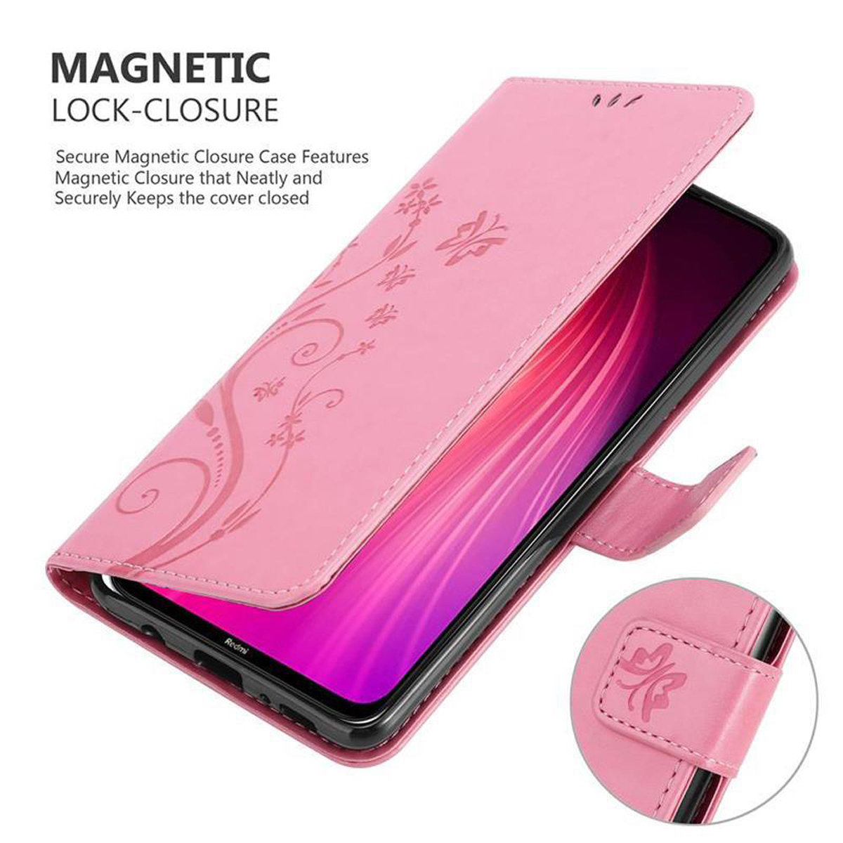 Custodia per telefono rosa con design floreale, aperta, che mostra un telefono all'interno.