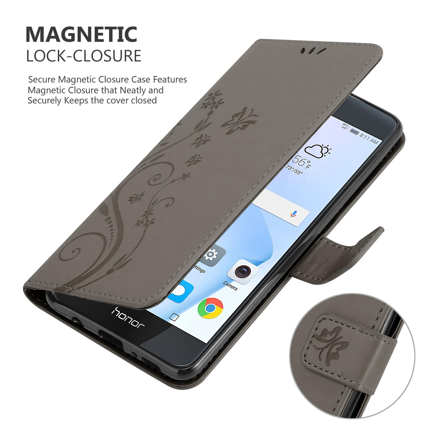 Custodia grigia aperta, telefono dentro. Motivo floreale. Testo: Chiusura magnetica.