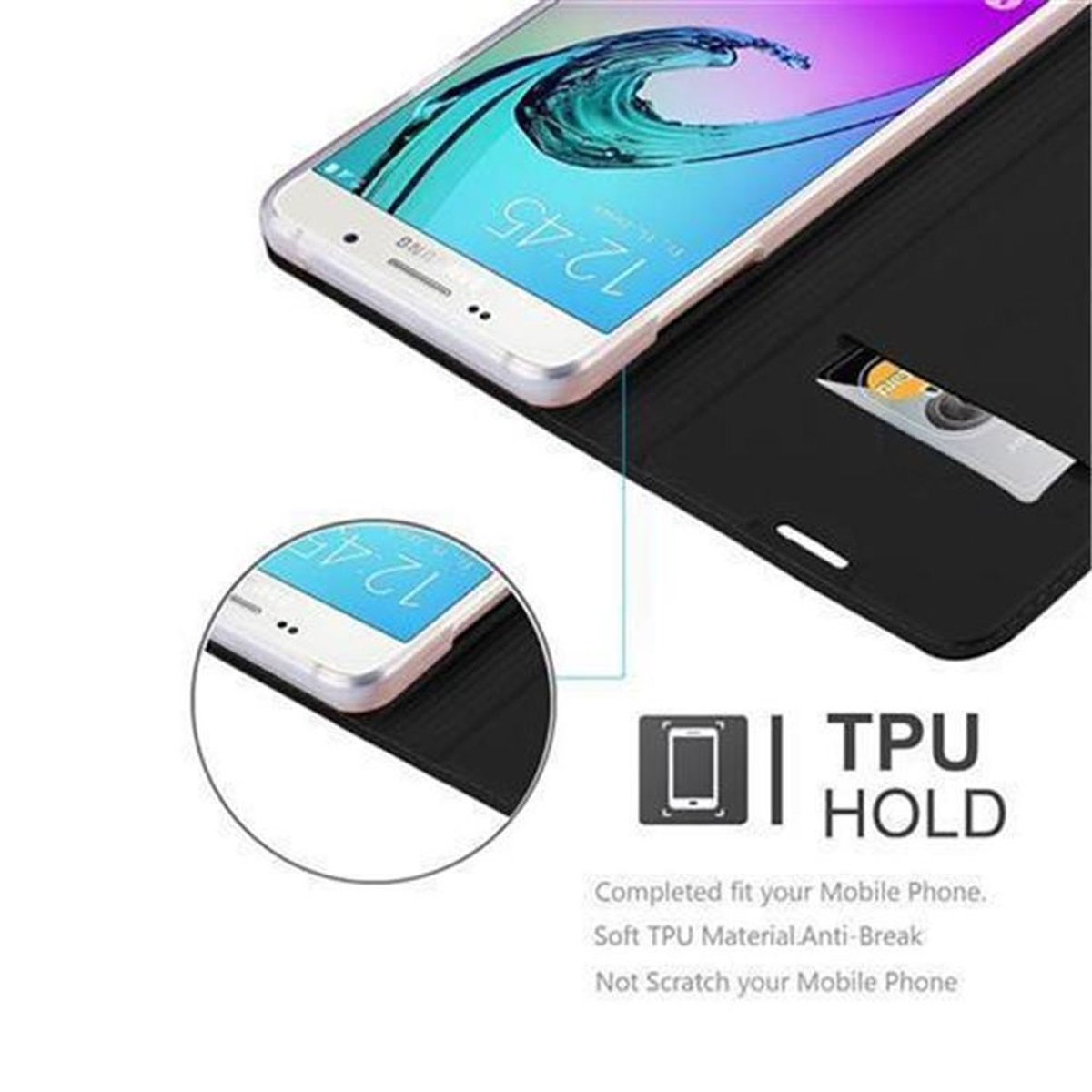 Un telefono in una custodia nera con una carta. Testo: 'TPU HOLD'. Il telefono è bianco con schermo nero. Zoom circolare.
