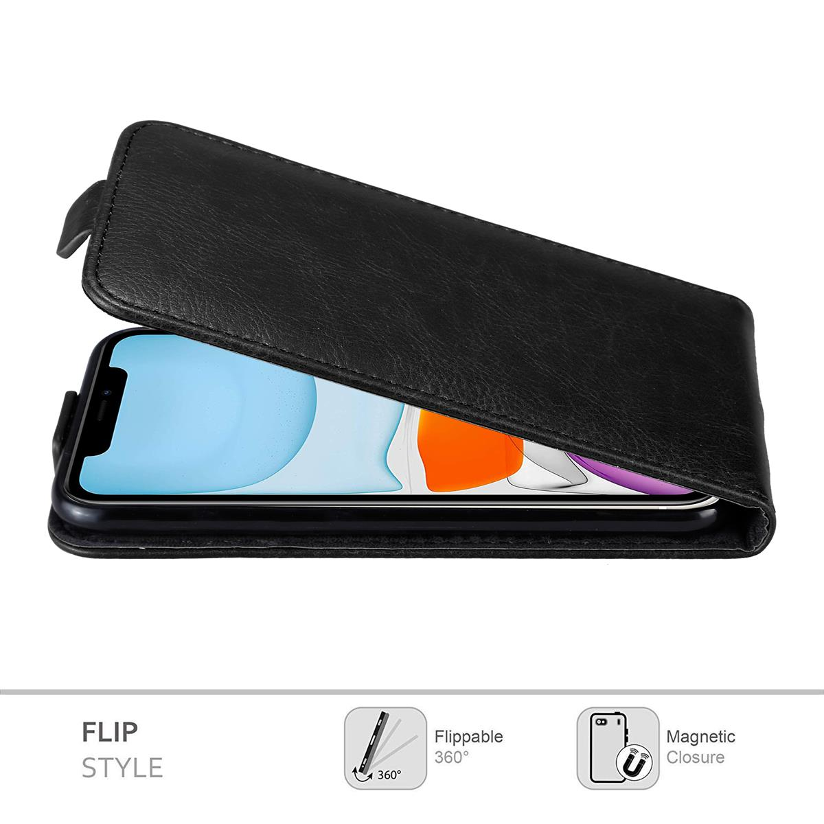 Custodia nera con telefono, stile flip, con icone per ribaltabile e chiusura magnetica.