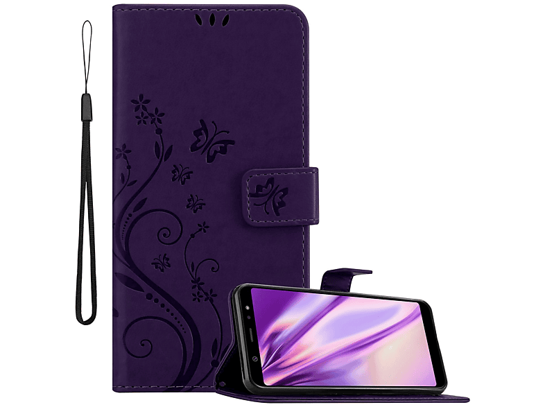 CADORABO Hülle Blumen Muster Flower Case, Bookcover, Samsung, Galaxy A6 PLUS 2018, FLORAL DUNKEL LILA