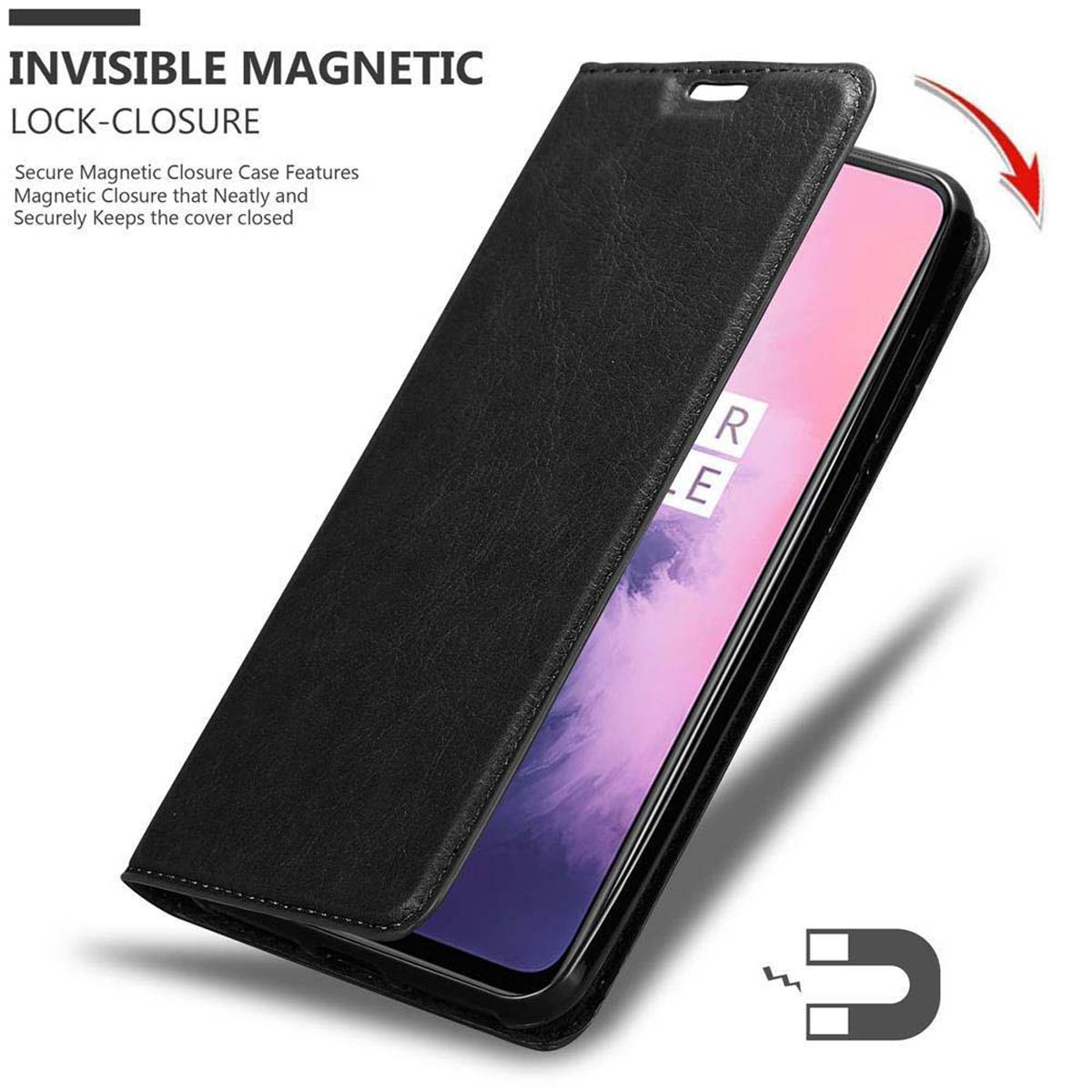 Custodia nera per telefono, aperta. Telefono all'interno. Un magnete in basso. Sovrapposizione di testo. Freccia indica.